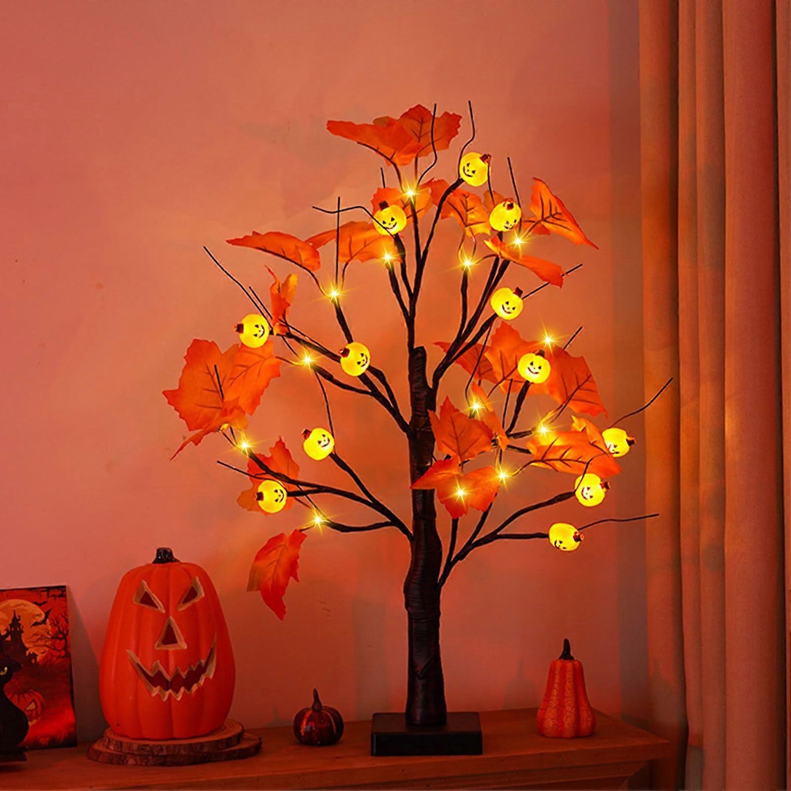 Halloween Decor Indoor Black Maple Leaf Tree Lights with 24 Warm White LEDs, Timer, LED Spider Light, Birch Table Lights