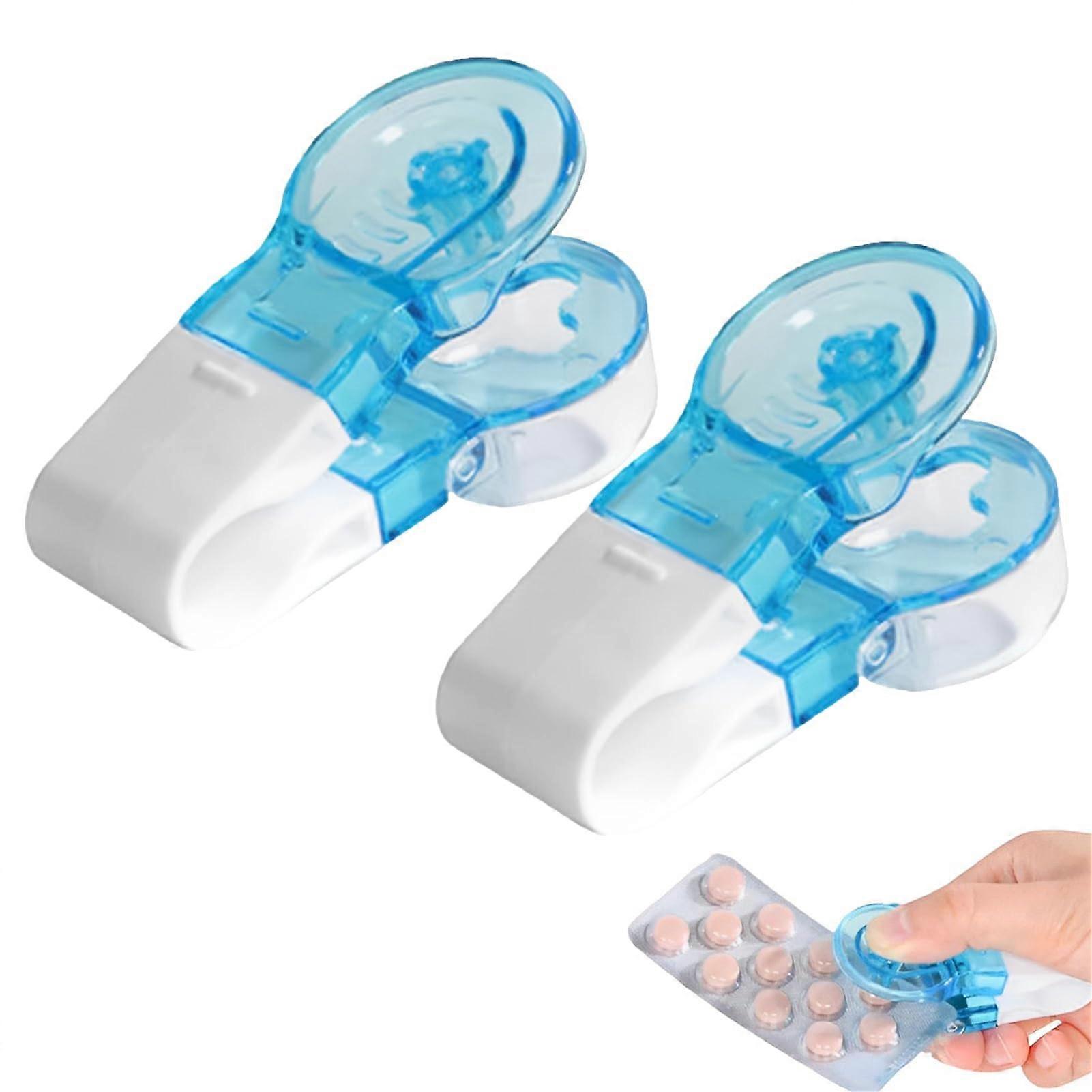 Pill Punch Tool with Storage Box - Portable Pill Pusher and Cutter - Blue Pill Dispenser for Tablets - Set of 2