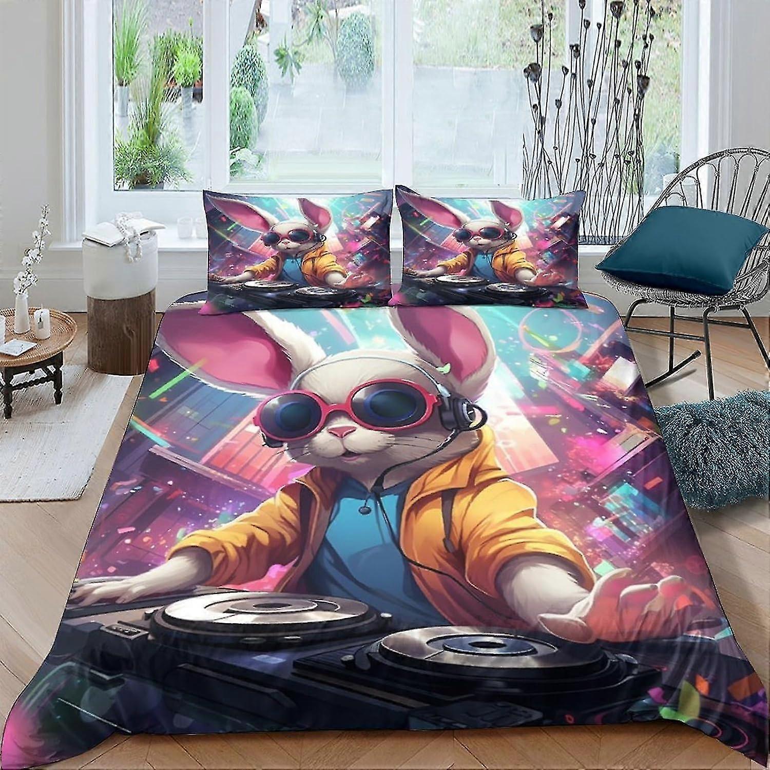 Conjunto de capa de edredão de coelho na moda Conjunto de cama 3D Conjunto de capa de edredom legal Microfibra Conjunto de 3 peças com fecho de zíper macio