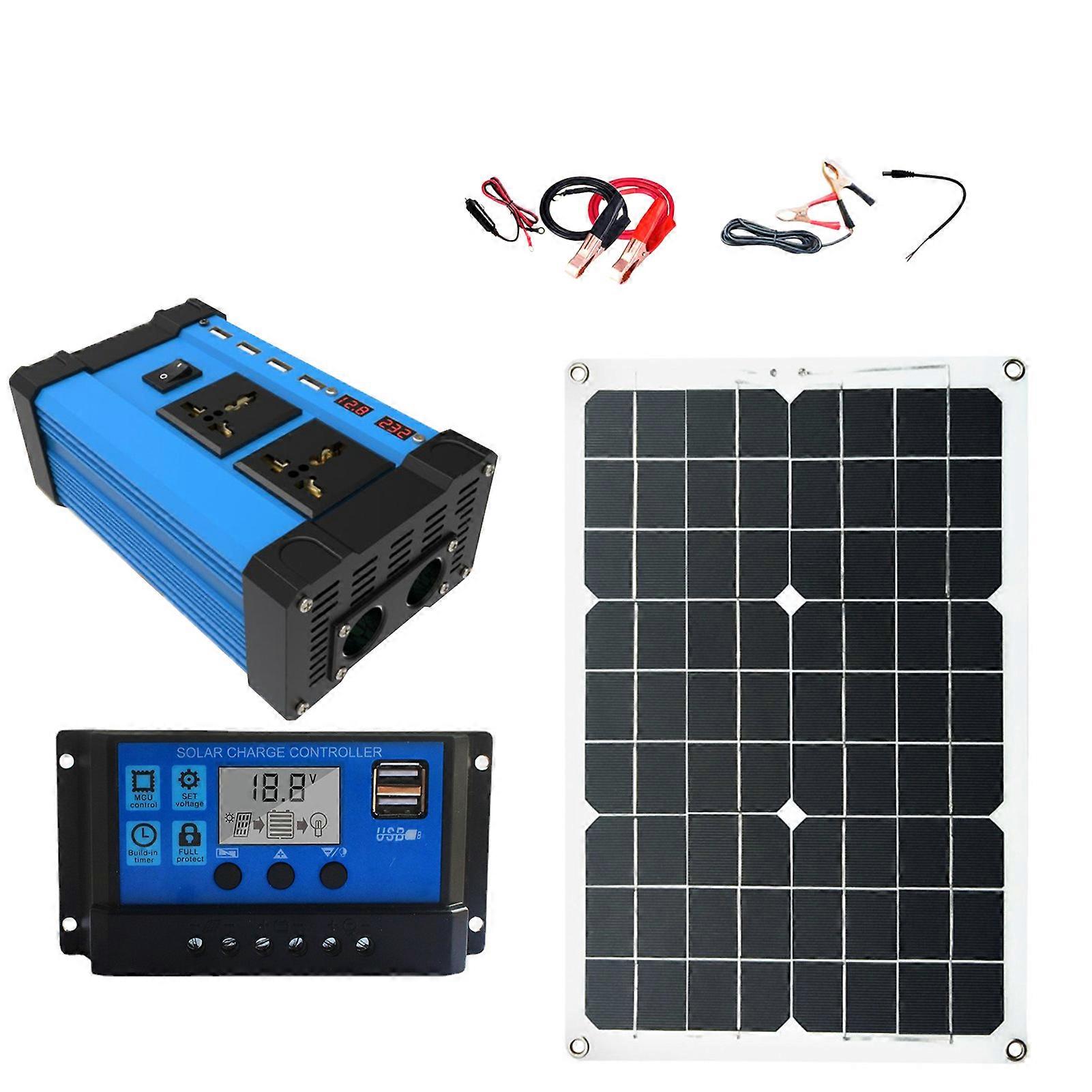Solar Power System Kit 500W DC12V To AC110V Inverter Blue with 30A 12V 24V Charge Controller and 18W 18V Solar Panel