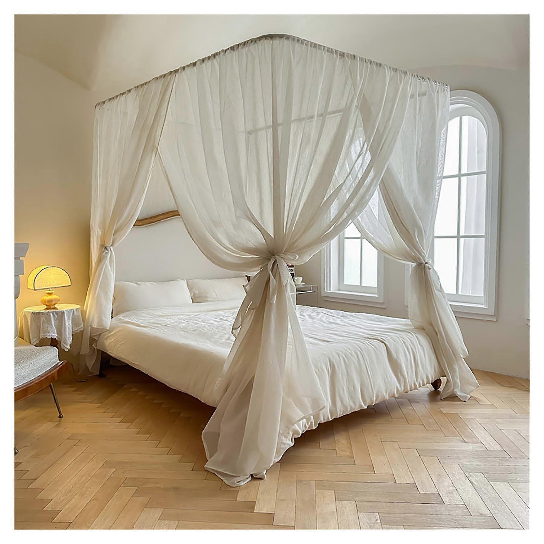 Elder Stainless Steel Canopy Bed Frame with Curtain 4 Corner Post Canopy Bed Curtains for Adults Cozy Sheet Bed Net Awning Frame White Full