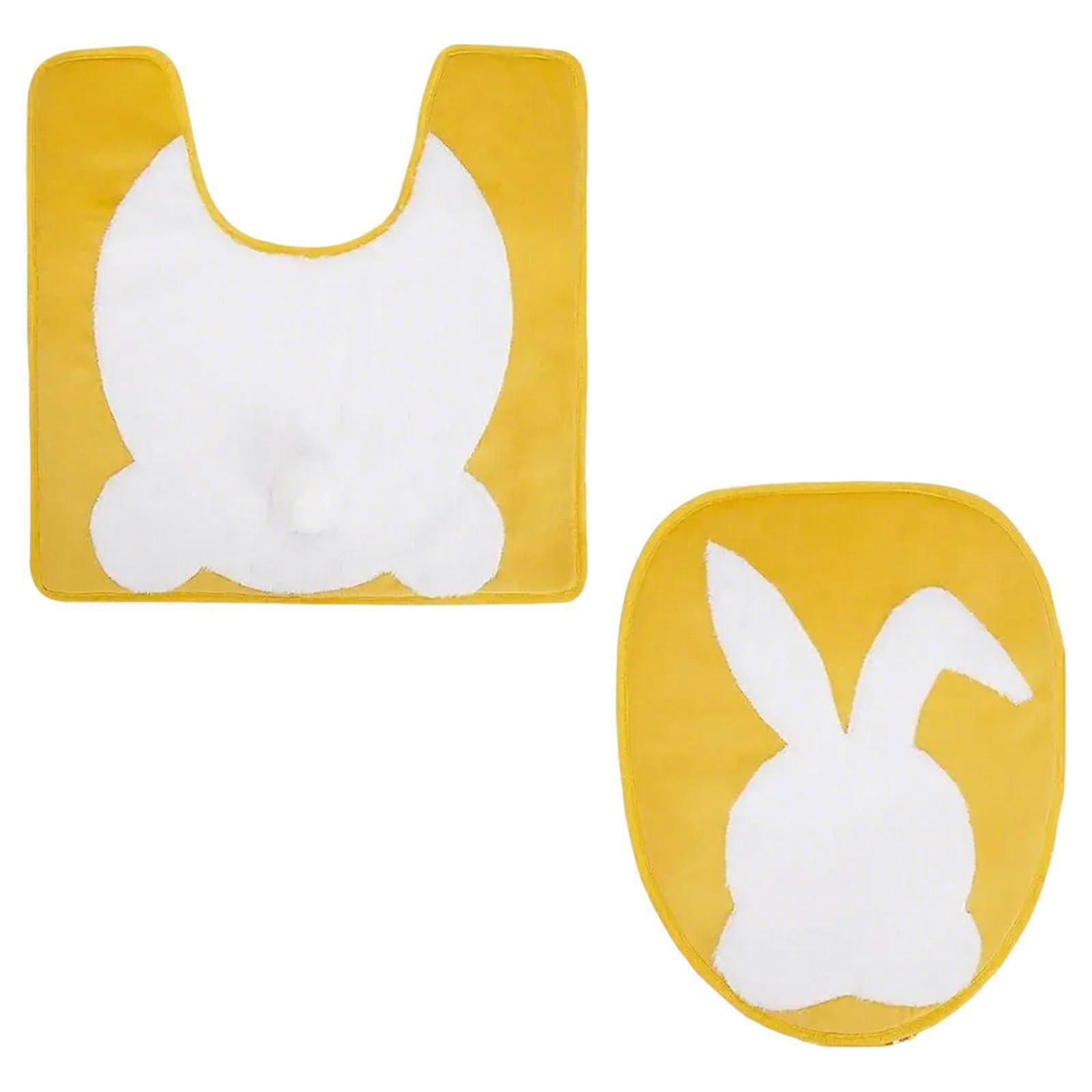 Toilet Covers and Rugs Set with Rabbit Pattern for Easter Home Decor, Yellow Color, Fits Various Toilet Shapes
