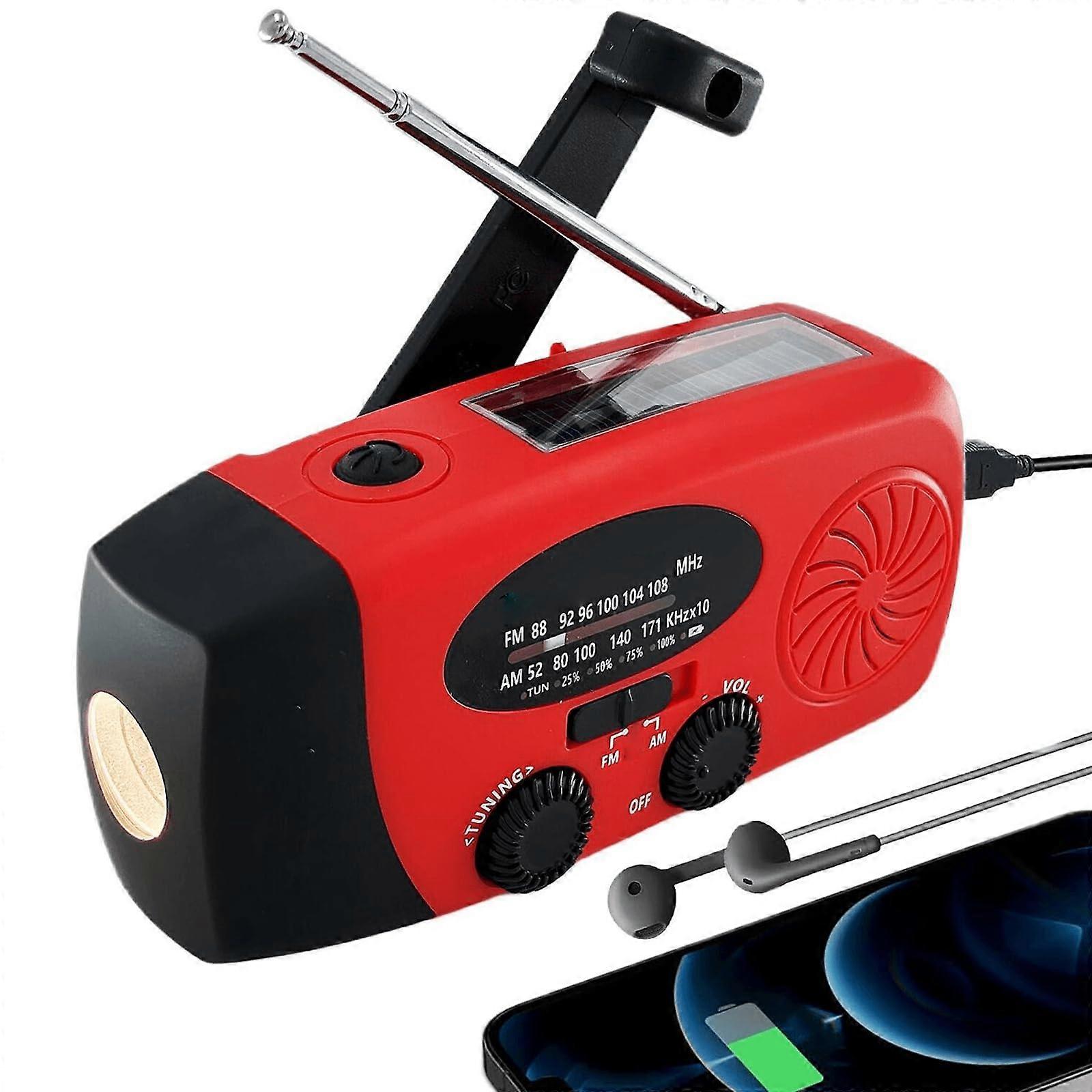 Wind Up Emergency Radio AM/FM Hand Crank, Solar Powered, 2000mAh Power Bank USB Charger, LED Torch, Red