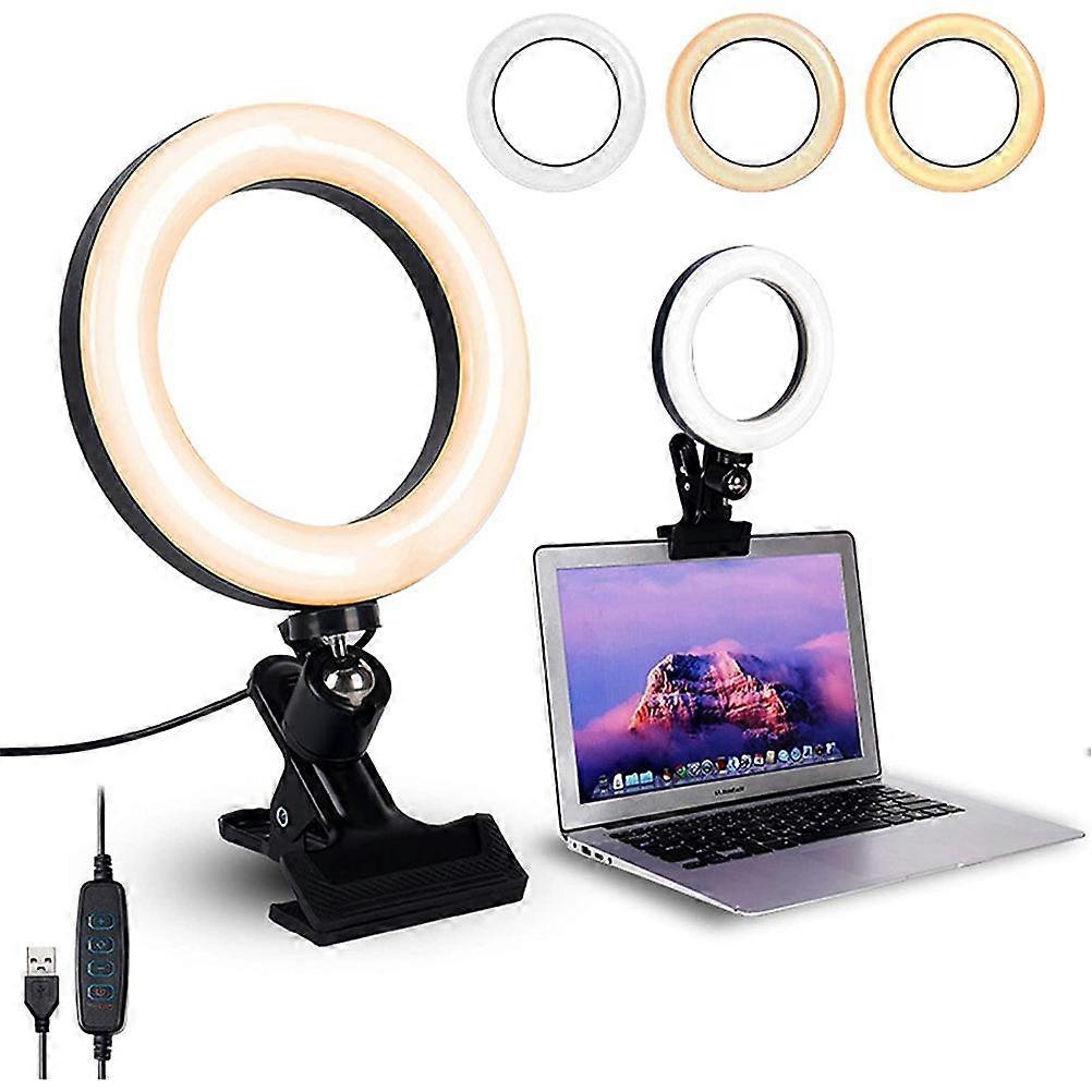 Adjustable LED Ring Light with Clip - 3 Colors, 10 Brightness Levels, USB Powered