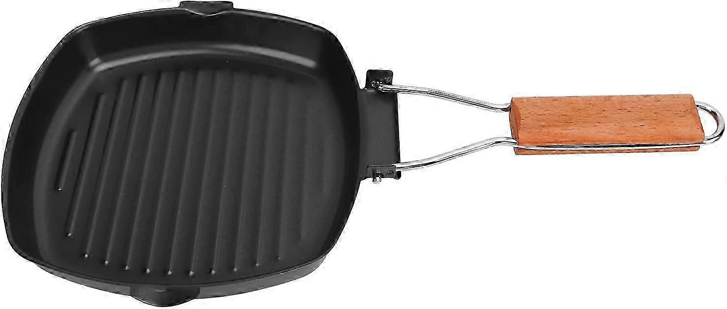 Steak Frying Pan, Wooden Handle Portable Folding Frying Pan Fine Workmanship Cast Iron Anti-Scald with Oil Leakage Hole for Dining Room