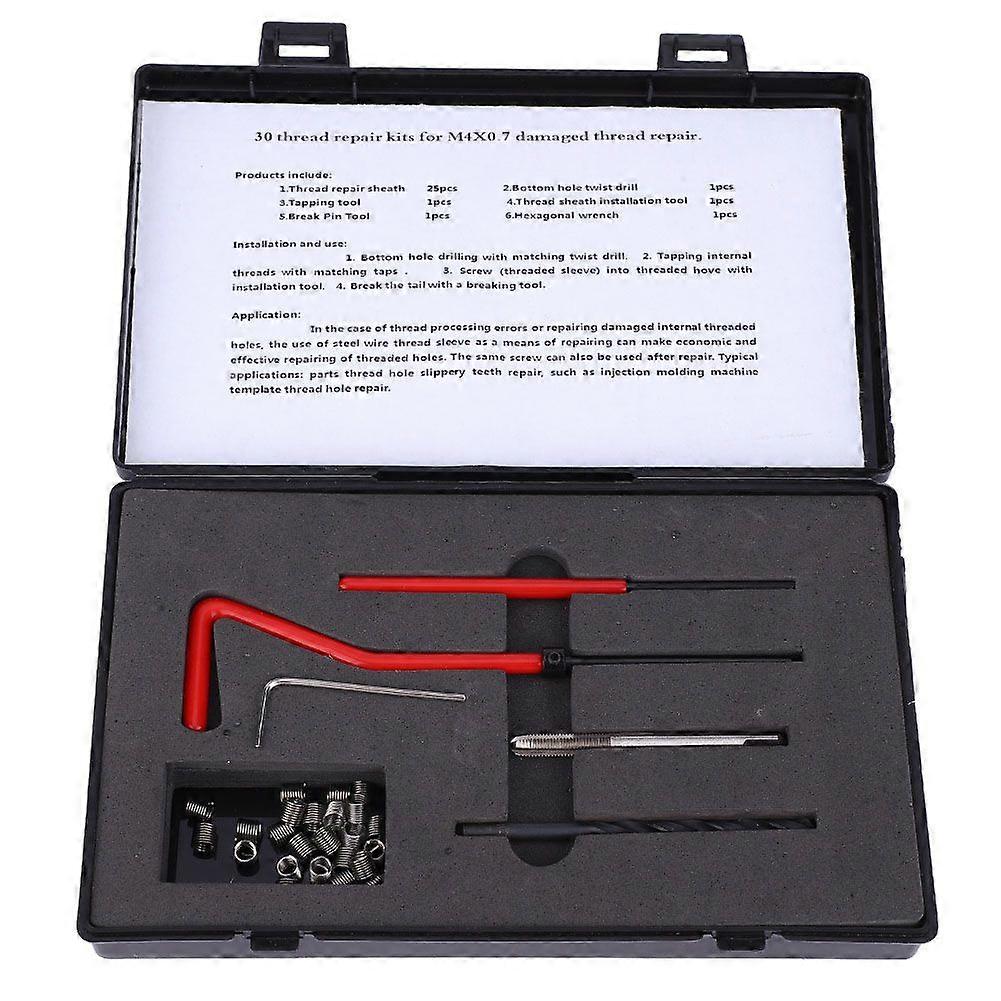 30Pcs Thread Repair Kit Stainless Steel Twisted Drill Tap Wrench Threaded Insert Tool M4x0.7