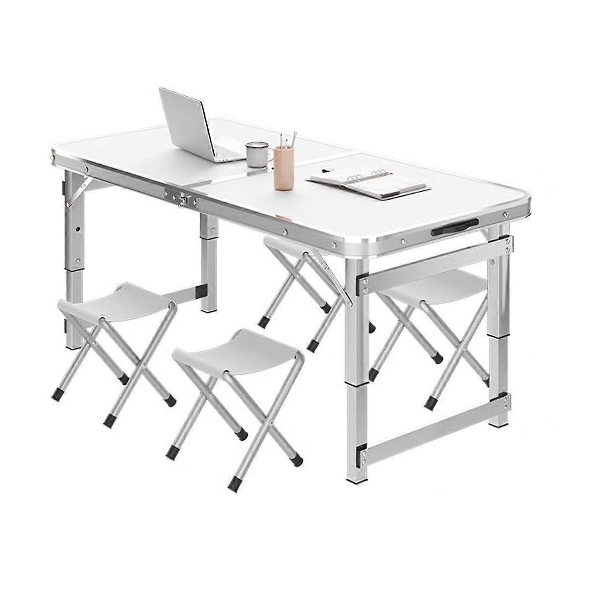 Adjustable Height Portable Camping Table Set with Foldable Stools, 150cm White for Outdoor Picnics, BBQs, Tailgating, Camping