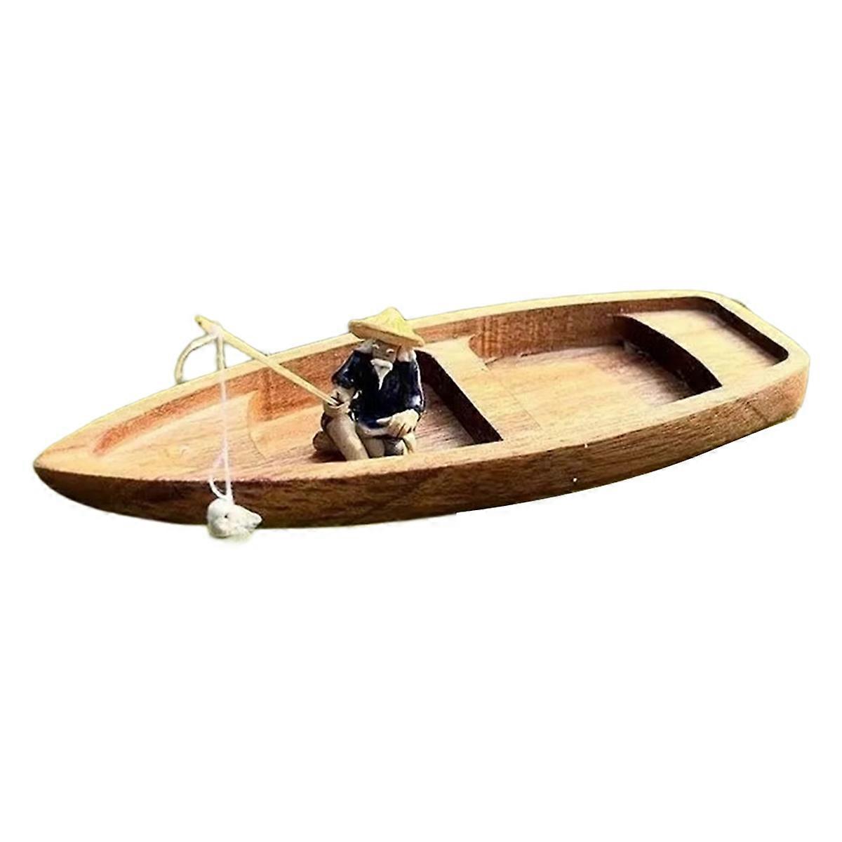 Handgemachtes Holzboot Mini Schwimmboot Modell Fischer Katze Fischerboot Aquarium Teich Dekoration Aquarium Zubehör