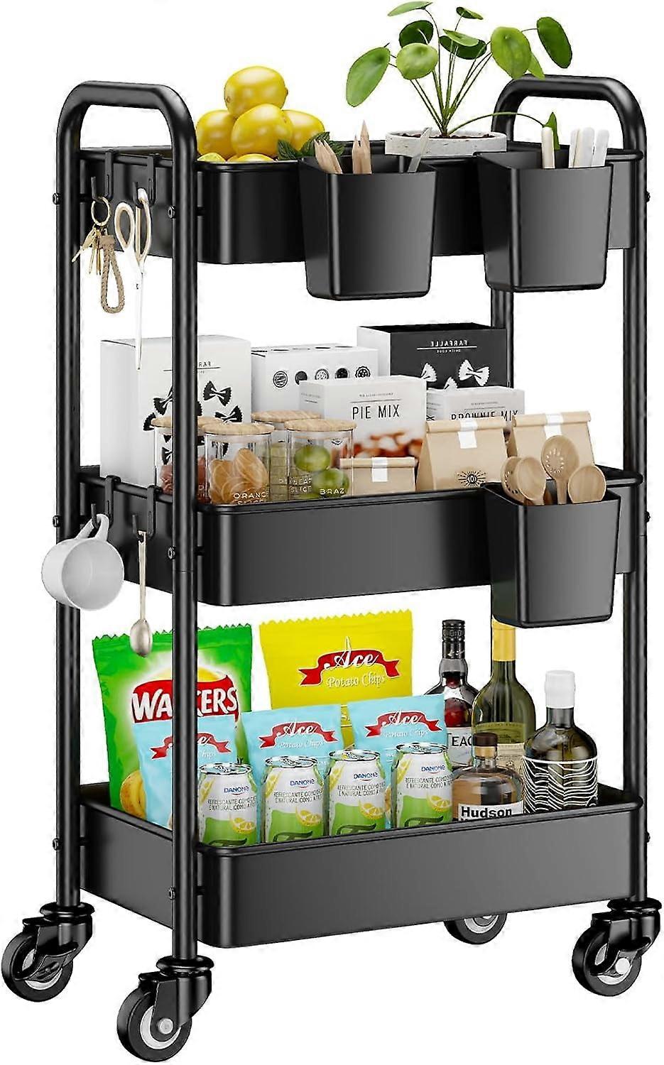 3 Tier Rolling Cart with 3 Cups & 4 Hooks, 66LBS Capacity, Mesh Organizer, Easy Assembly, for Kitchen Office