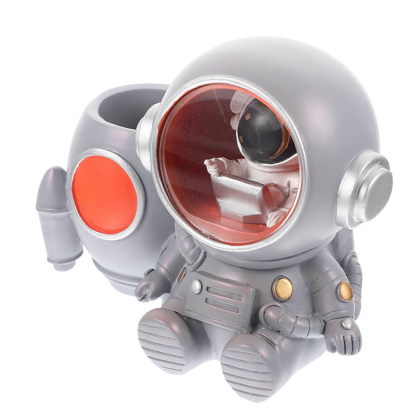 Lighted Astronaut Stationery Pot Grey Resin Desktop Pencil Organizer with LED Light for Decoration