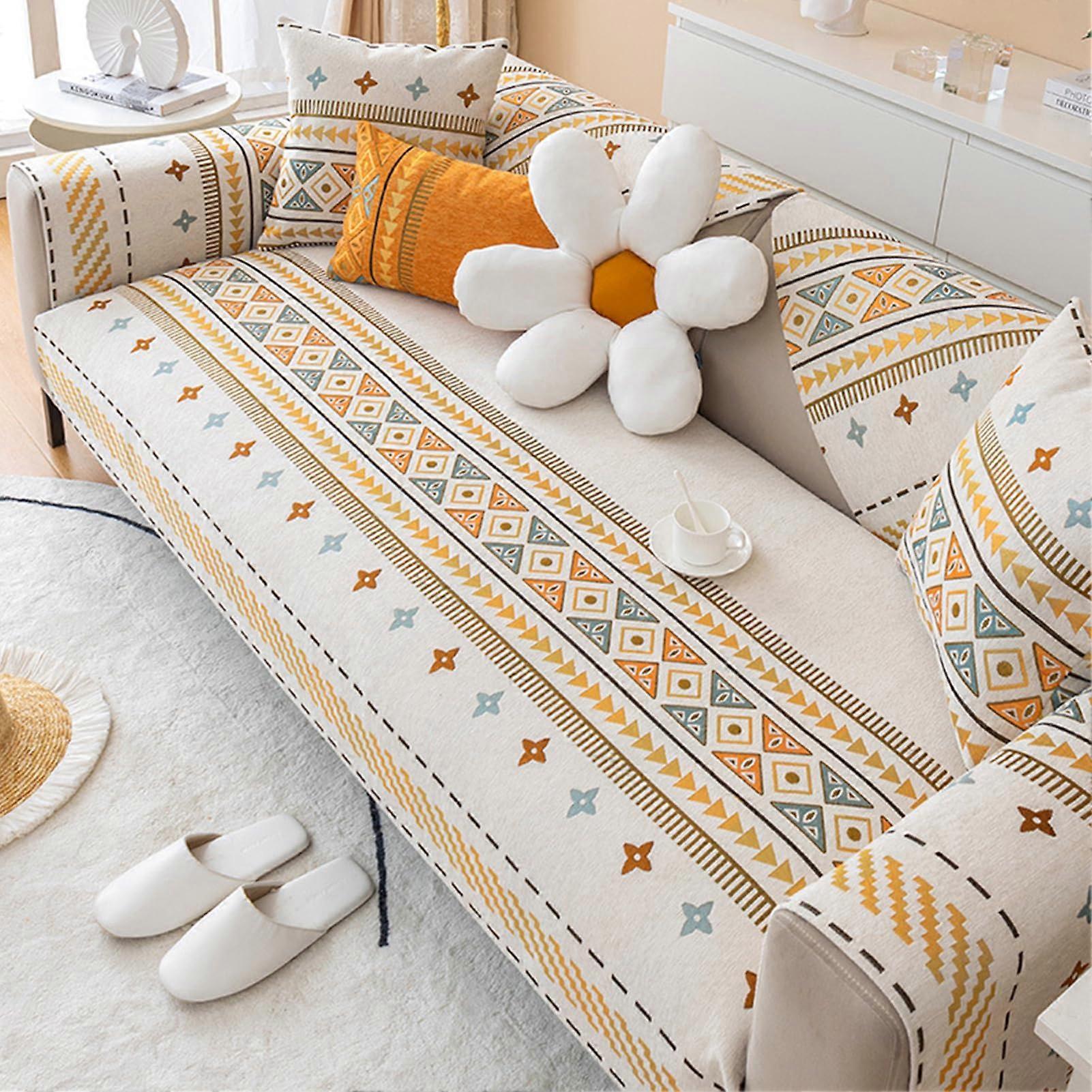 Non-Slip Chenille Sectional Sofa Cover, Boho Geometric Couch Protector, Machine Washable