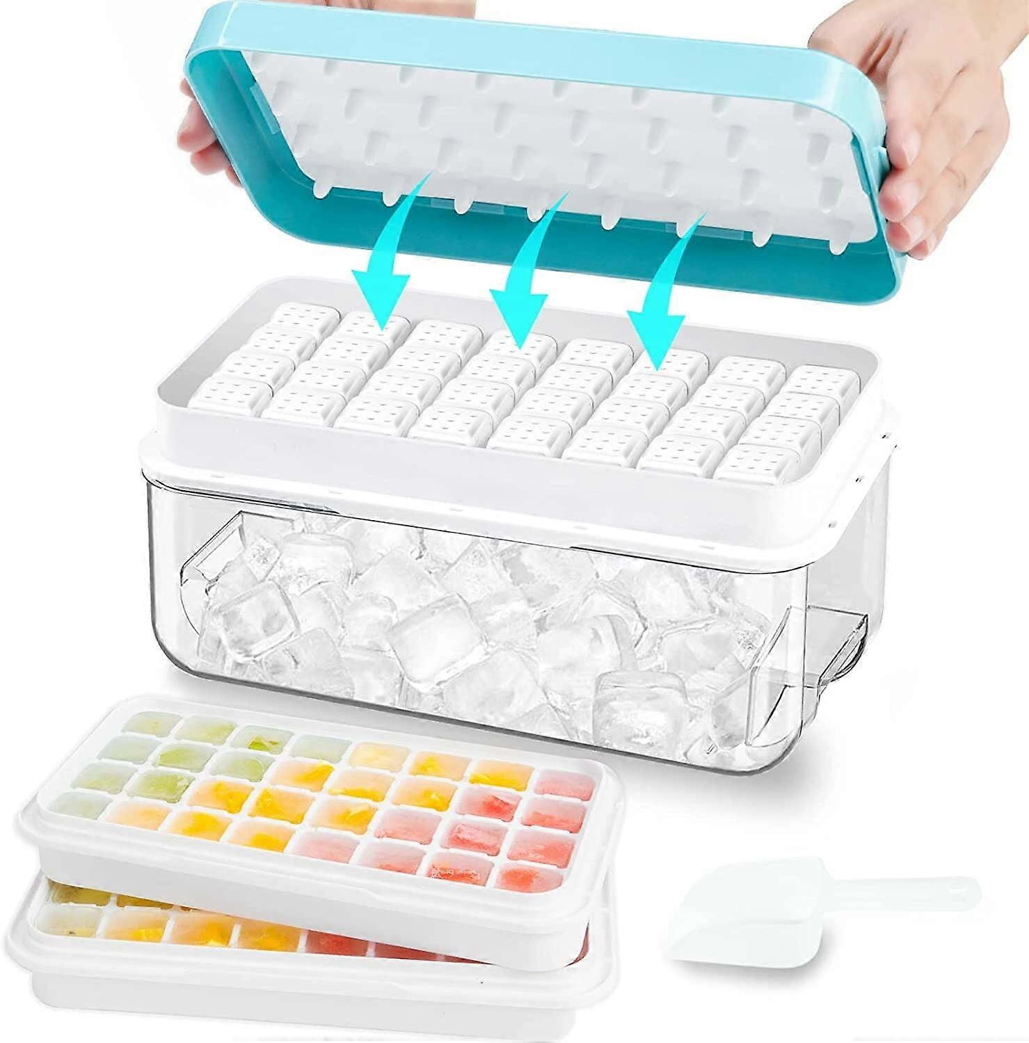 BPA Free One Key Release Ice Cube Silicone Tray with Lid Bin and Scooper Ice Cube Mold for Freezer with Container Storage