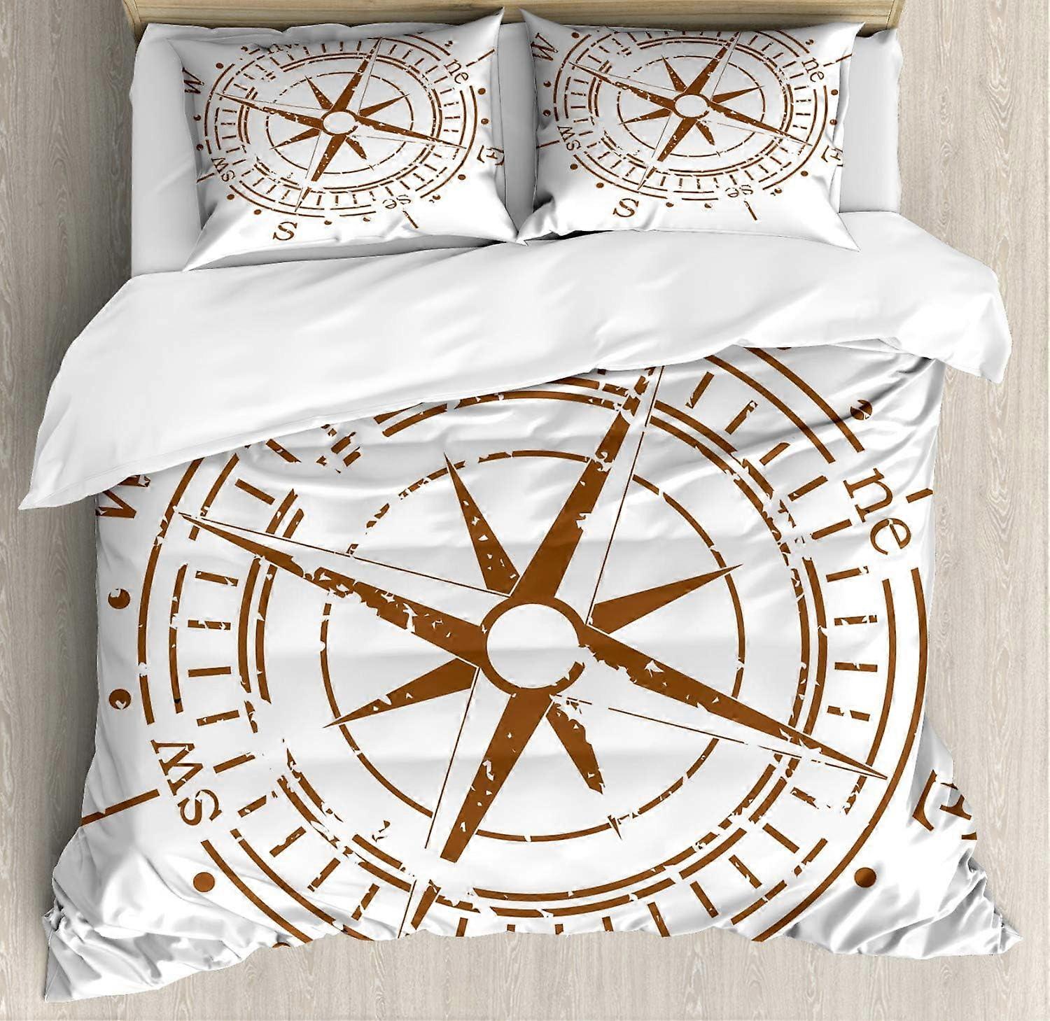 Compass Duvet Cover Set, Navigation Windrose Design, 1 Duvet Cover & 2 Pillowcases, Pale Brown – compatible with standard bed sizes