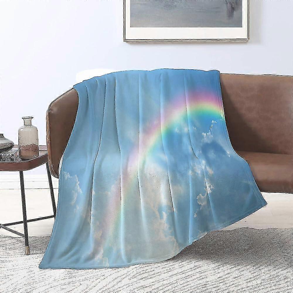 Blanket Flannel Blankets,realistic Image Of Clear Sky Clouds And Rainbow Daytime Heavenly Calming Tranquility,throws For Sofa Fluffy Blanket Bed Throw