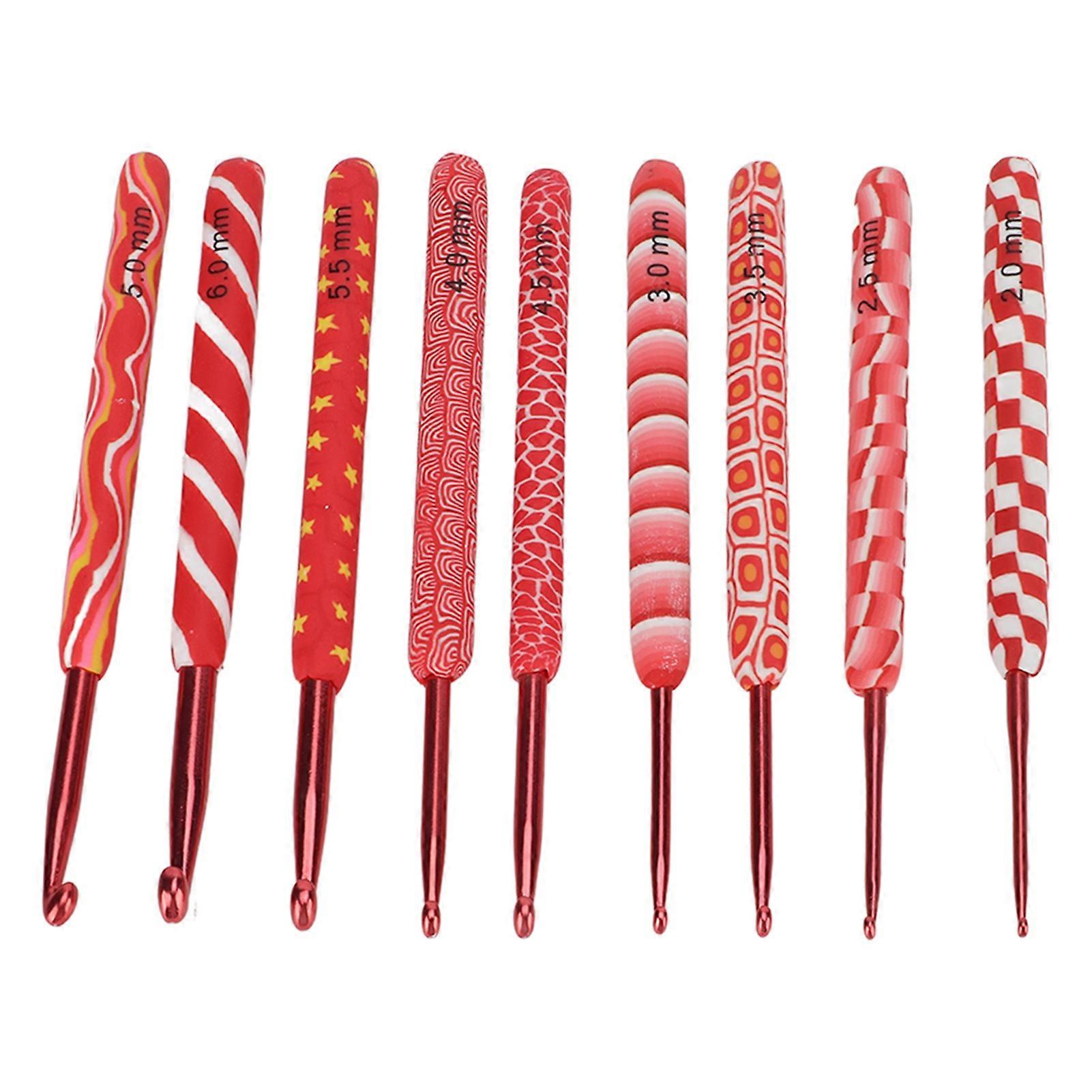 9pcs Crochet Hooks Differentiable Sizes Red Handle Ergonomic Grip Aluminum Material Knitting Needles Set