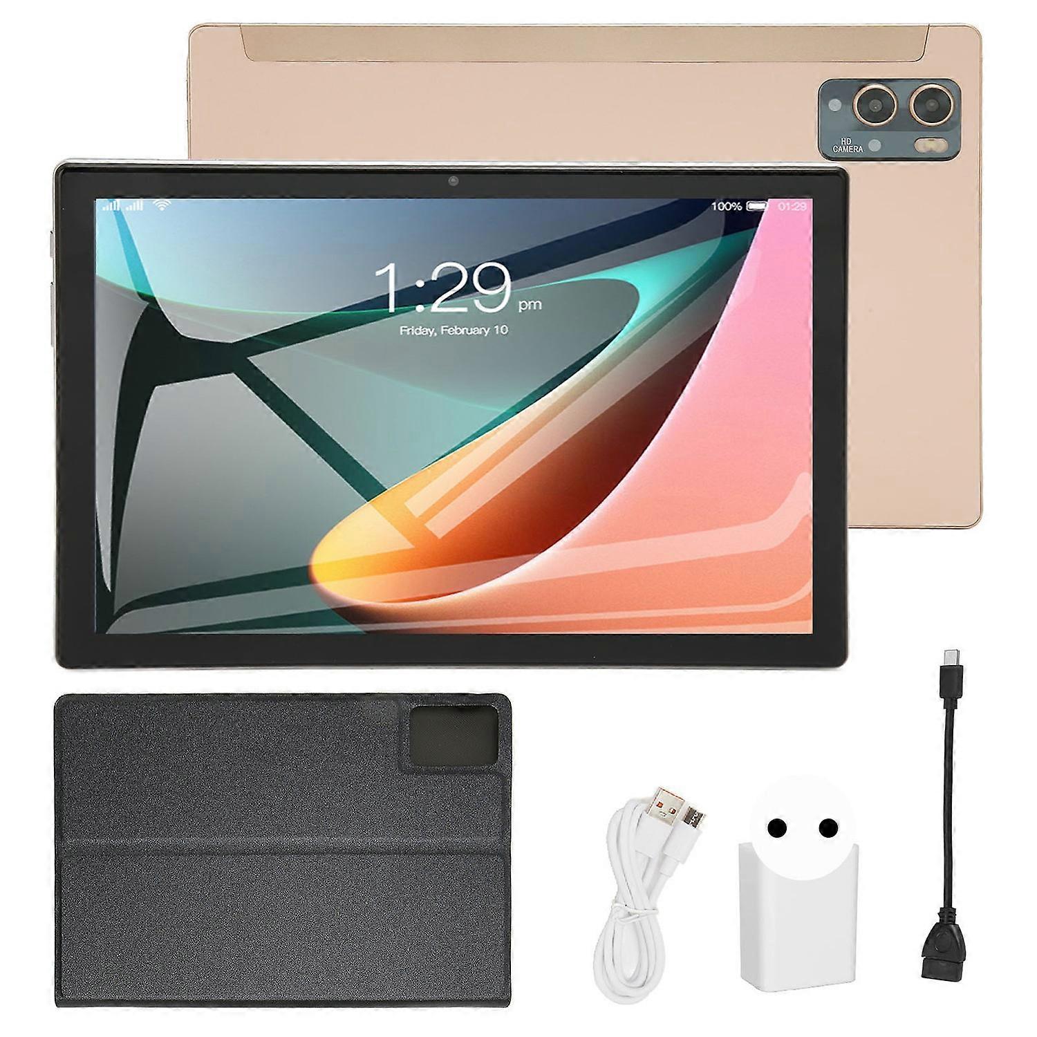 Tablet Computer 10.1in 8 Core CPU 8+256G 4G PC with Protective Cover Gold 100‑240V EU Plug