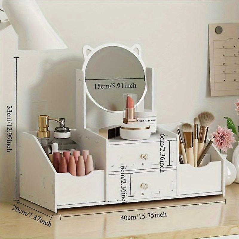 מראת איפור עם מגירות אחסון וארגונית - מראת איפור שולחנית עם מראה גדולה, מדף וקופסת תכשיטים, עיצוב אוזני חתול חמוד לבנות