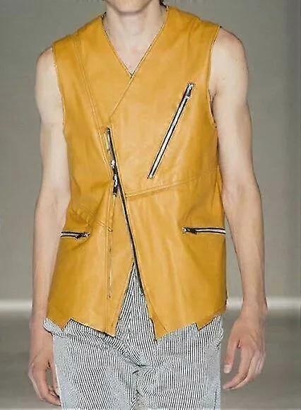 100 % echtes Leder, gelbe Weste mit Knöpfen, Westernweste, Mantel, Jacke aus Lammleder, Herren