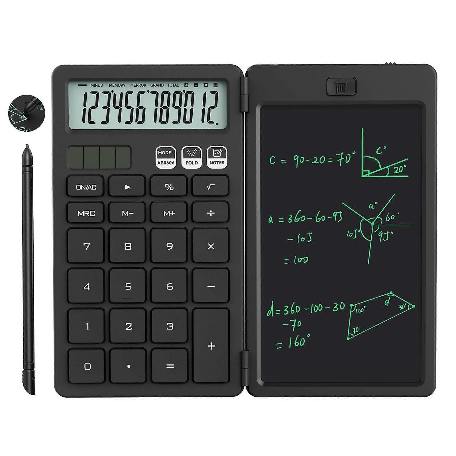 2 in 1 Calculator with Writing Pad and Pen, Solar and Battery Powered for Students Office Black