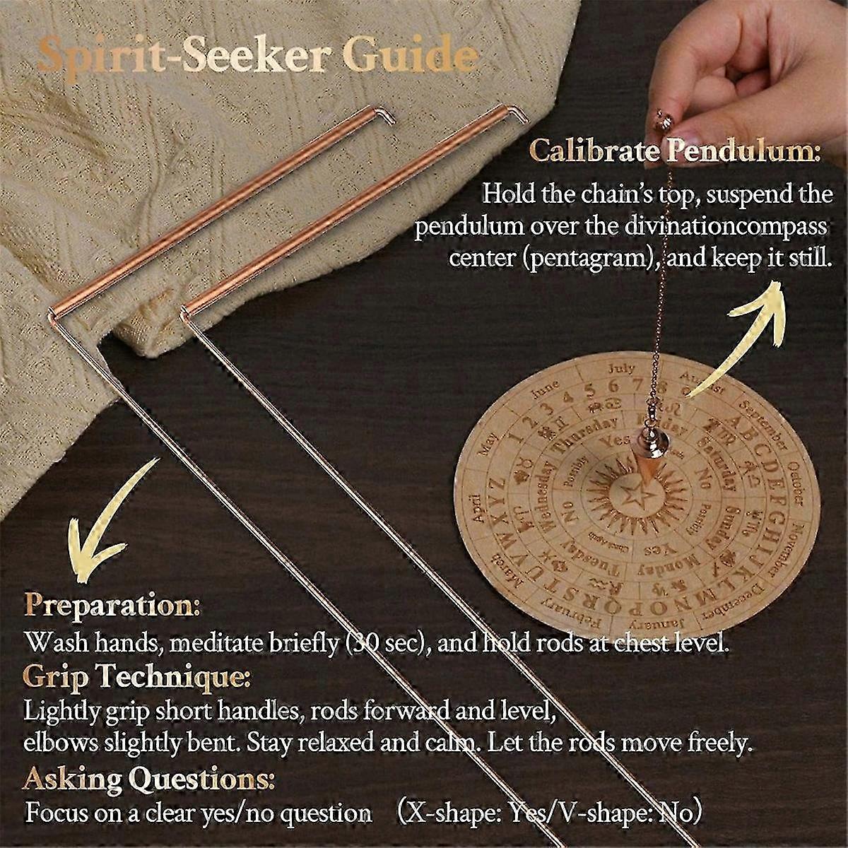 99.9% Copper Dowsing Rod Set, with 2 L Copper Divining Rods, Pendulum & Five-Ring Pendulum Board fo