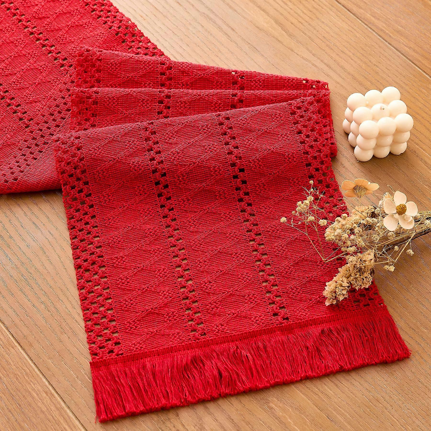 Macrame Table Runner with Tassels, Red Boho Woven Farmhouse Decor 12x48 for Dining or Wedding