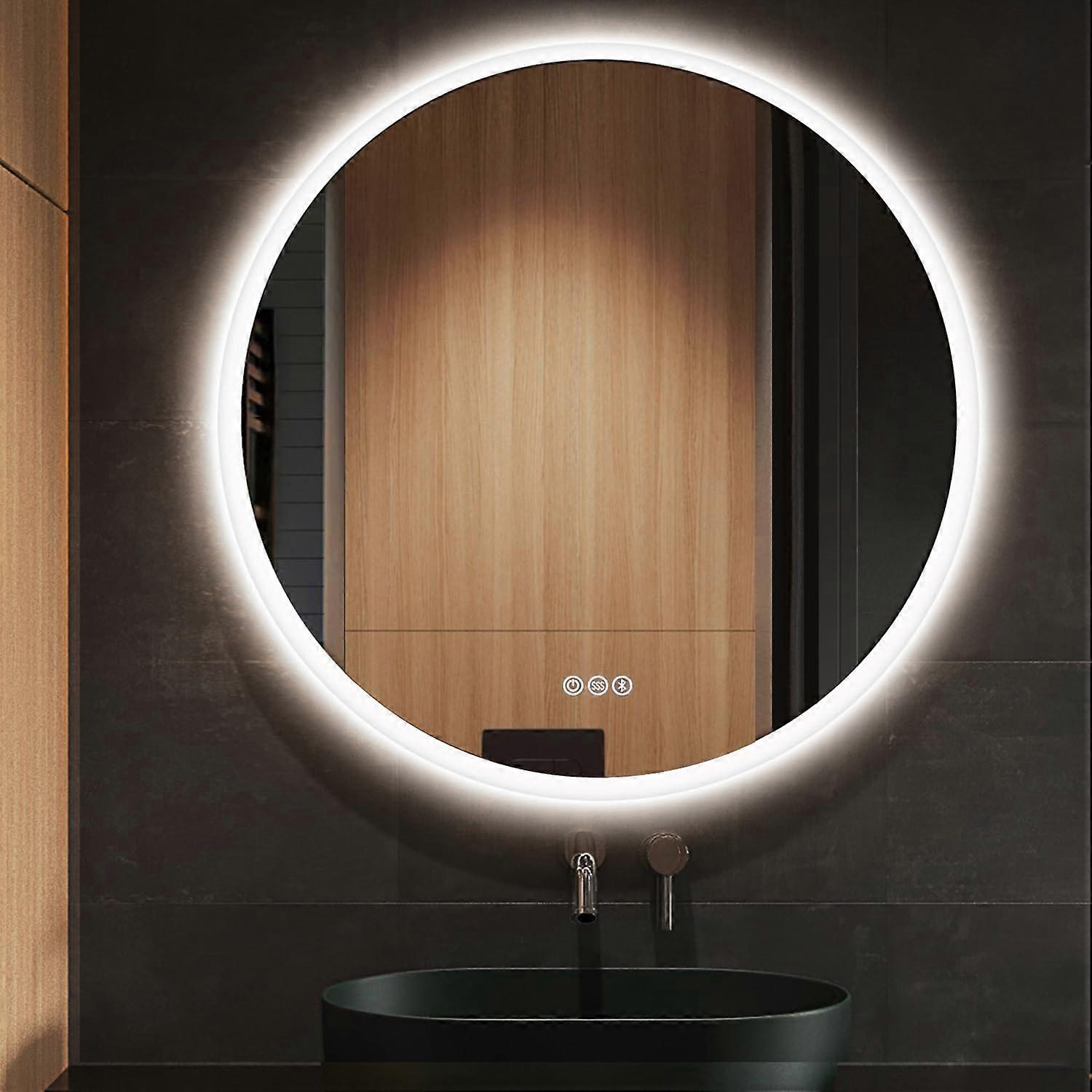 24' Round LED Bathroom Mirror with AntiFog, Front and Backlit Dimmable Lights, Bluetooth Speaker