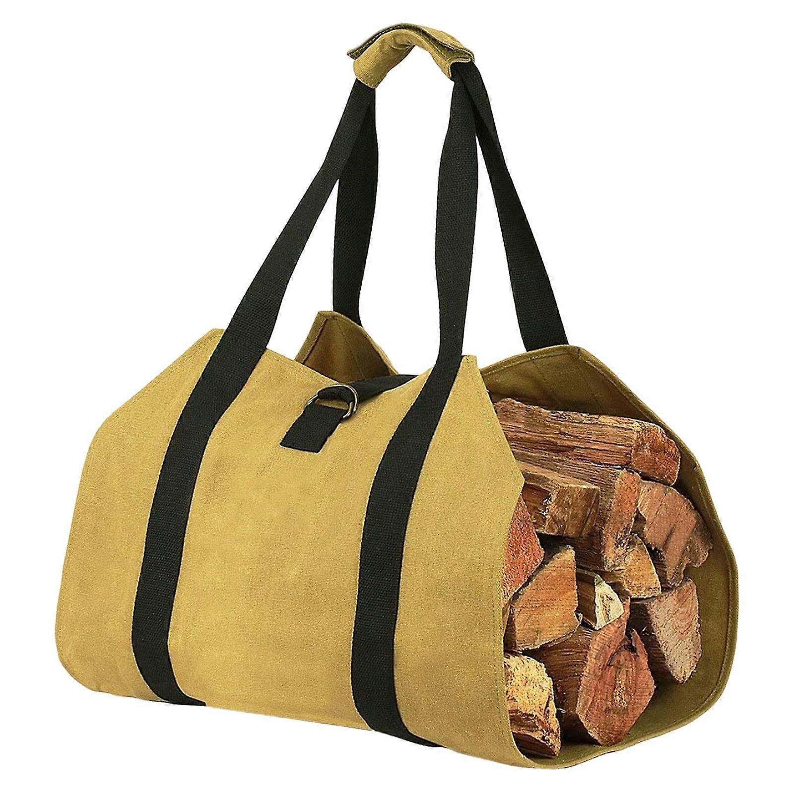 Large Canvas Firewood Carrier Bag with Front Pocket and Ergonomic Handle for Camping