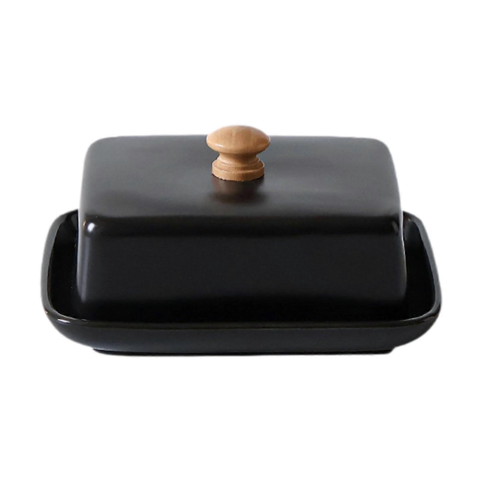 Ceramic Butter Dish with Lid Airtight Seal Rectangular Black Countertop Storage with Gold Handle