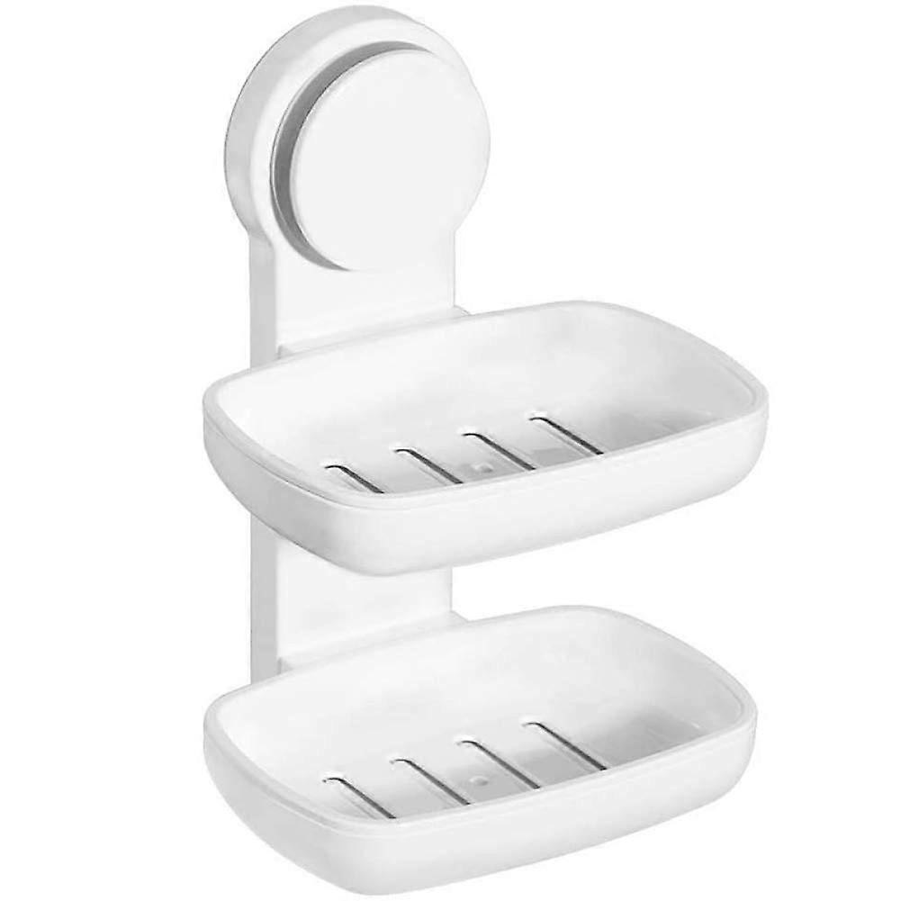 Dual Layer Wall Mounted Soap Dish Holder with SelfDraining Design, Punch Bathroom Storage White