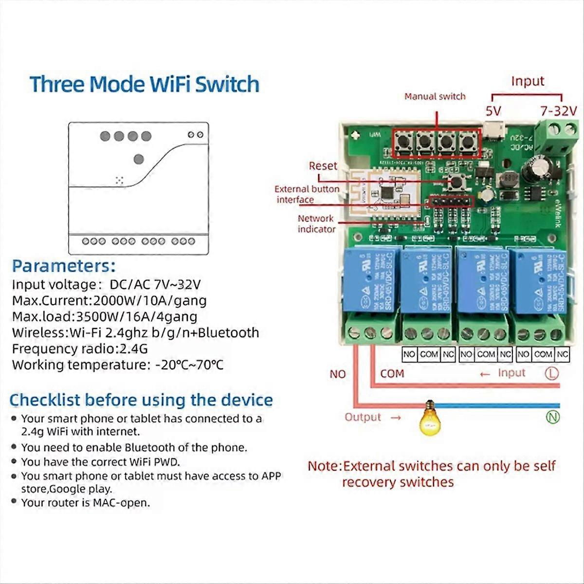 EWeLink Smart Switch 4 Channel Smart WiFi Bluetooth Wireless Dry Contact Relay Switch Module APP Rem