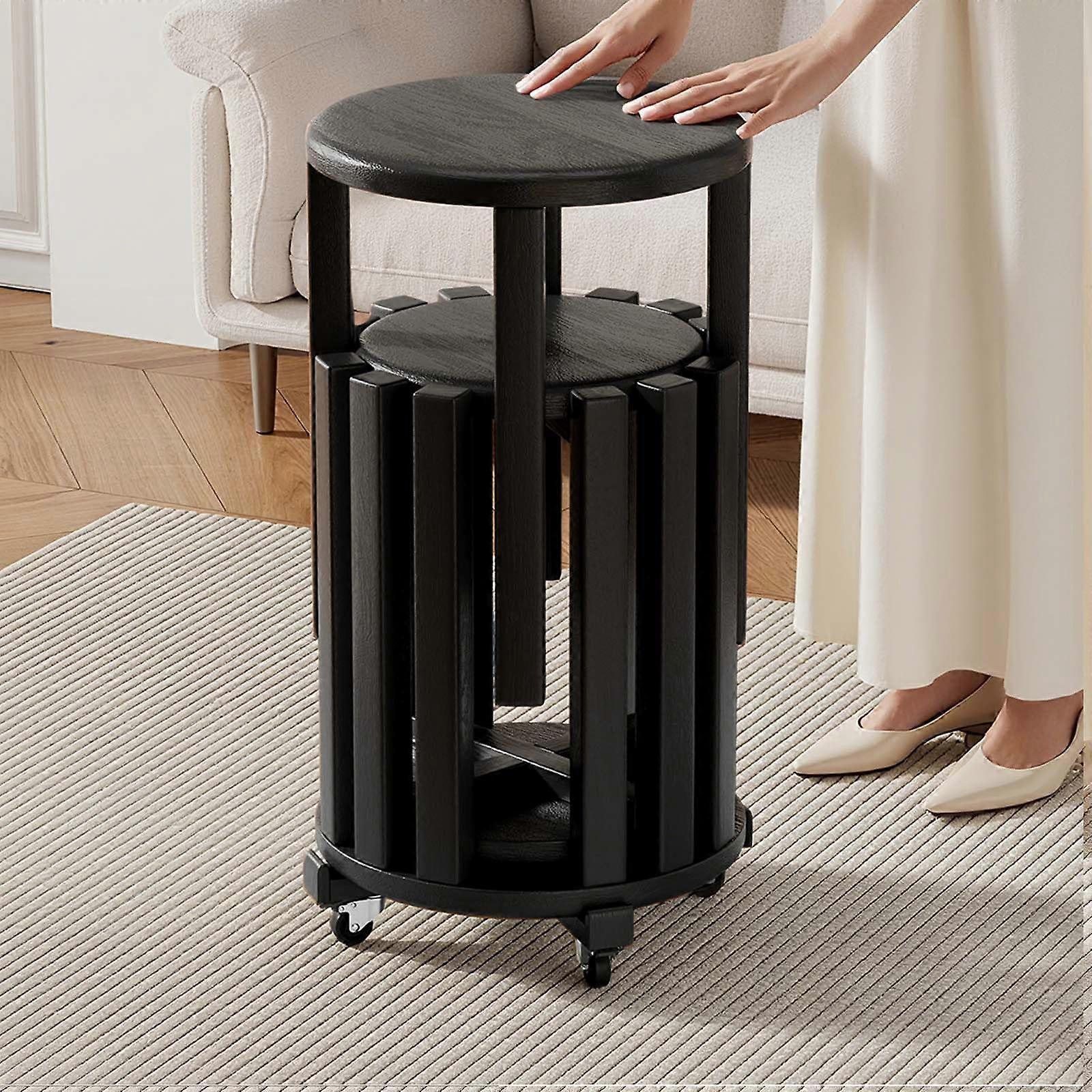 Stackable Wooden Nesting Stools Set of 4, Black Solid Wood SpaceSaving Design with Locking Wheels, No Assembly