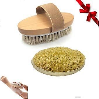 Natural Horsehair Body Brush and Loofah Set for Gentle Exfoliation, Wet Dry Brushing and Circulation
