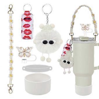 Cute 6pcs Accessories Set - Handle Strap, Silicone Straw Cover & Plush Charms for 20/30/40oz Stanley Cup Tumbler, Perfect for Girls