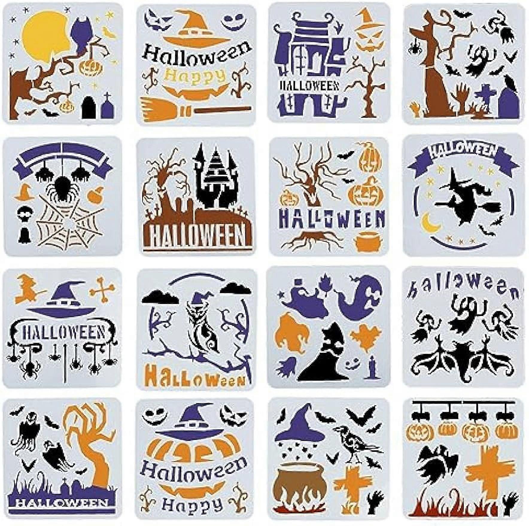 5Inch 16 Styles Pumpkins Stencils Reusable Painting Halloween Stencil Plastic Drawing Templates DIY Decorative Witches Ghosts Bats Spider Web Template