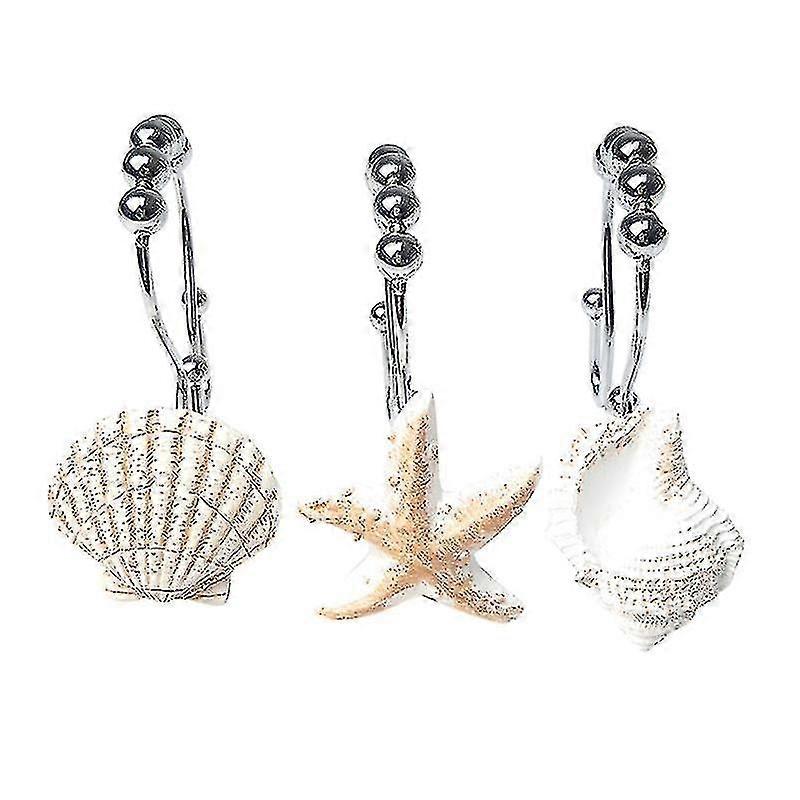 12pcs Curtain Hanging Hooks Sea Snail Shell Sea Star Stainless Steel Resin Double Curtain Hook For Home