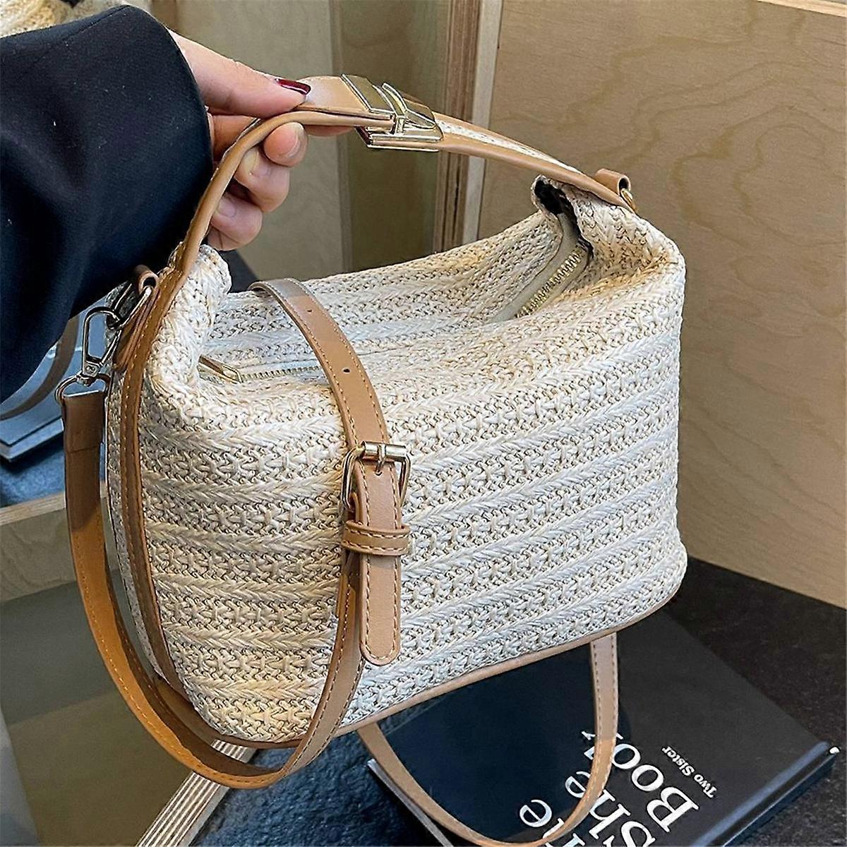Fashionable Straw -Body Bag and Versatile Shoulder Handbag White Patchwork Brown
