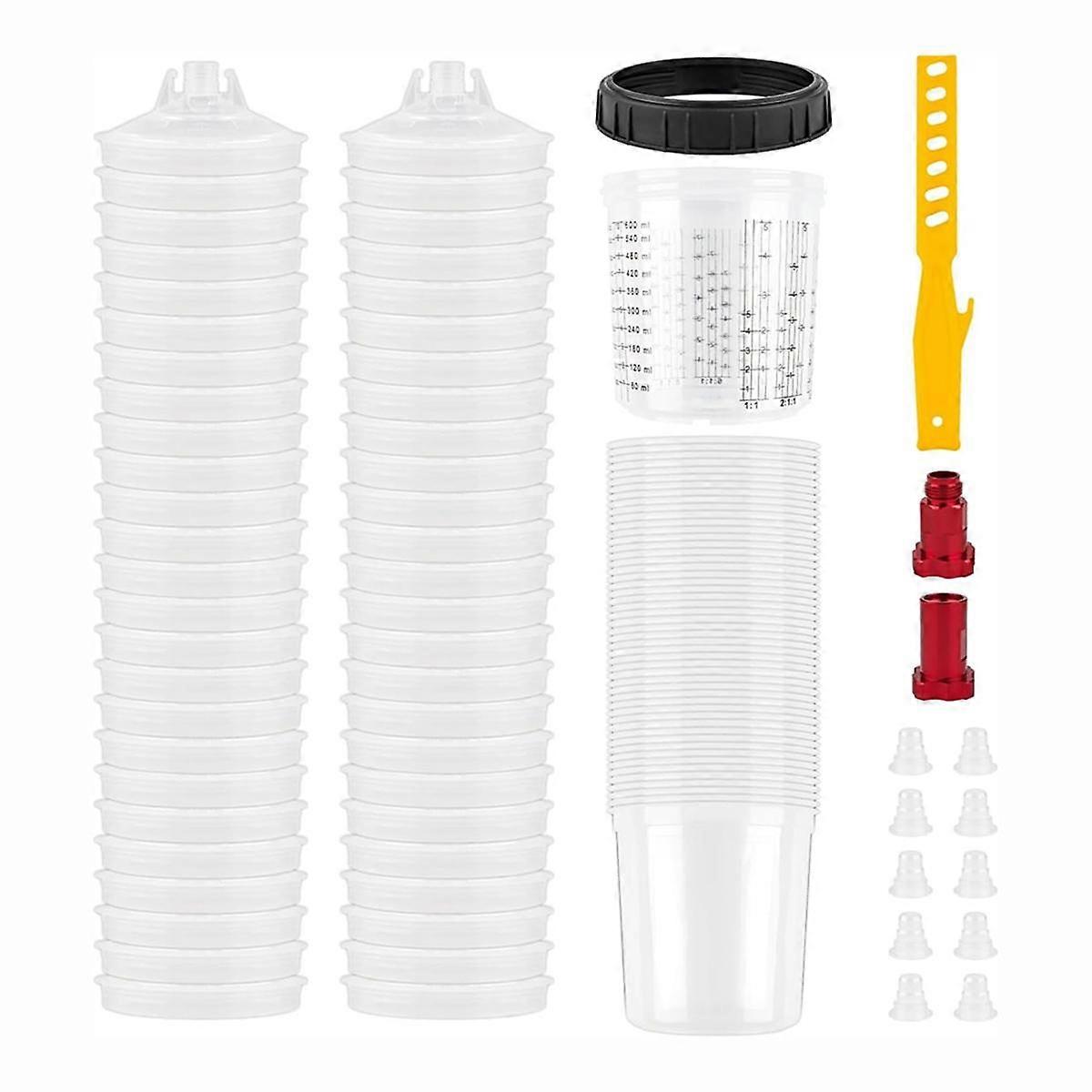 Jednorazový systém miešacích pohárov farieb 50Pack poháre na farby s viečkami, tvrdý pohár s prídržným krúžkom, 10KS zástrčky, 2KS adaptér na šálky