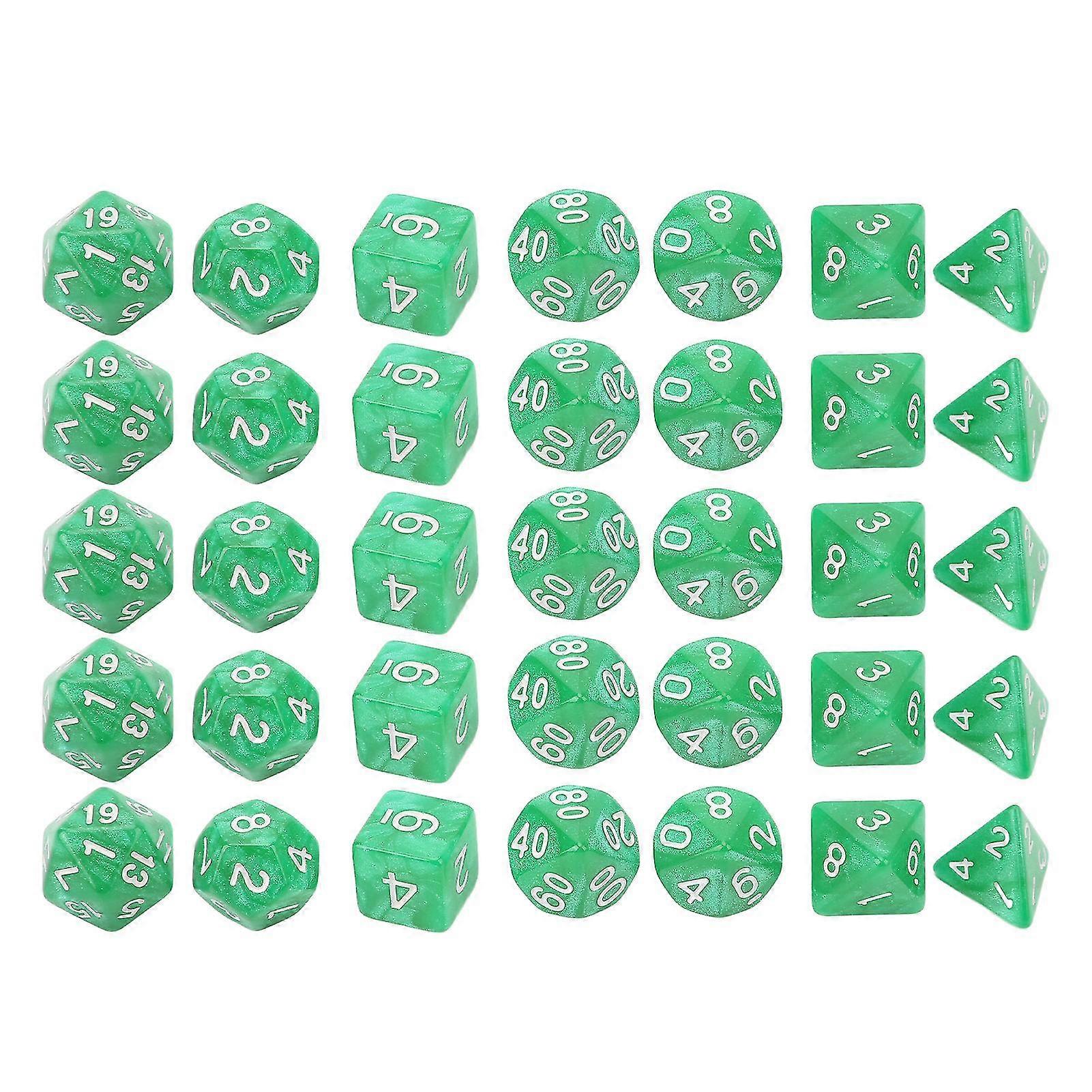35Pcs Plastic Dice Kit Pearl Pattern White Numbers Polyhedral Dices for Game Desktop Education Green