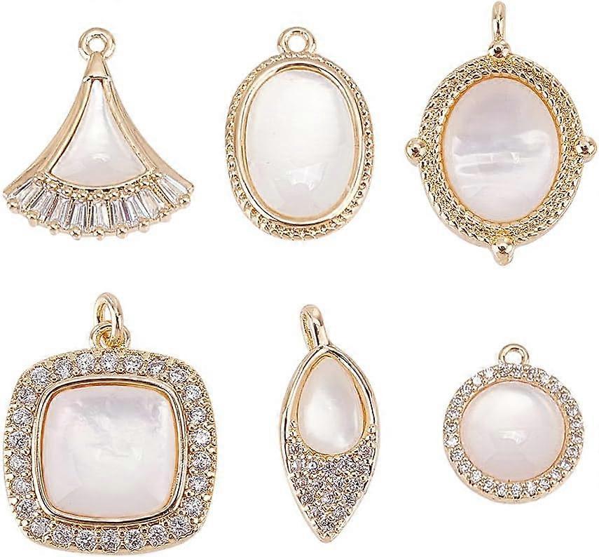 6Pcs 6 Styles Brass Micro Pave Clear Cubic Zirconia Pendants with Shell Real 18K Gold Plated 13~19x12~15x3~4mm Hole: 1~2.5mm 1pc/style