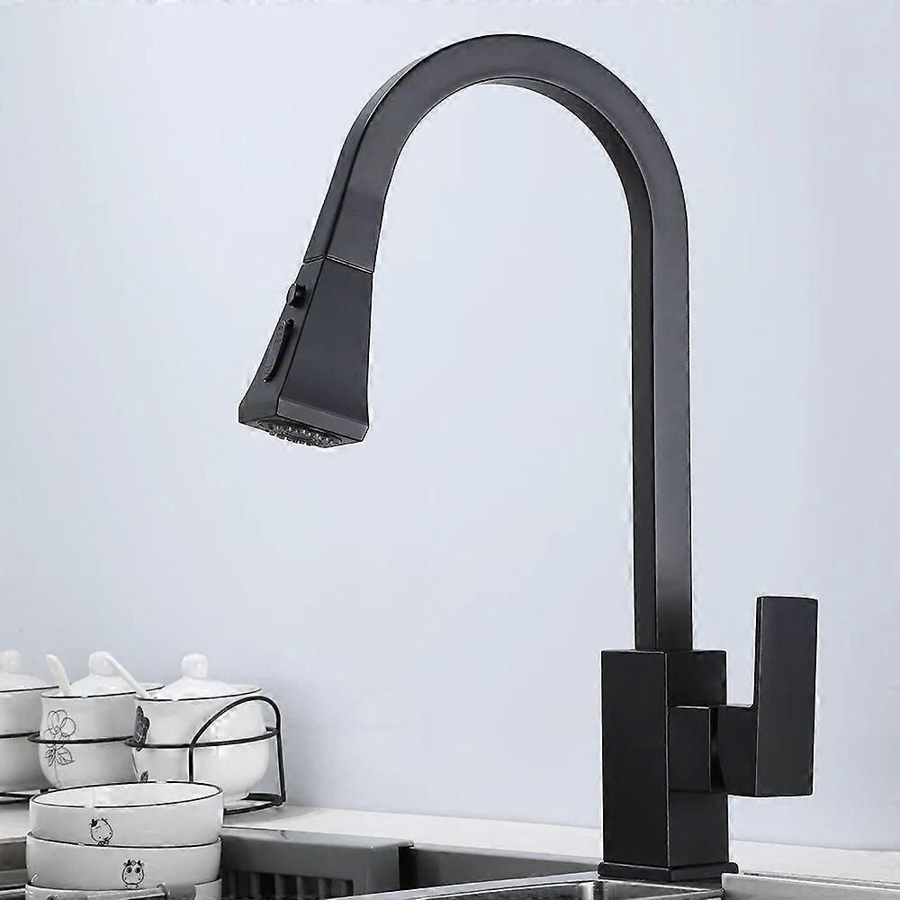 304 Stainless Steel Kitchen Faucet Cold and Hot Mixer Pull Out Two Function Deck Mounted Tap Square Black Sink Tap