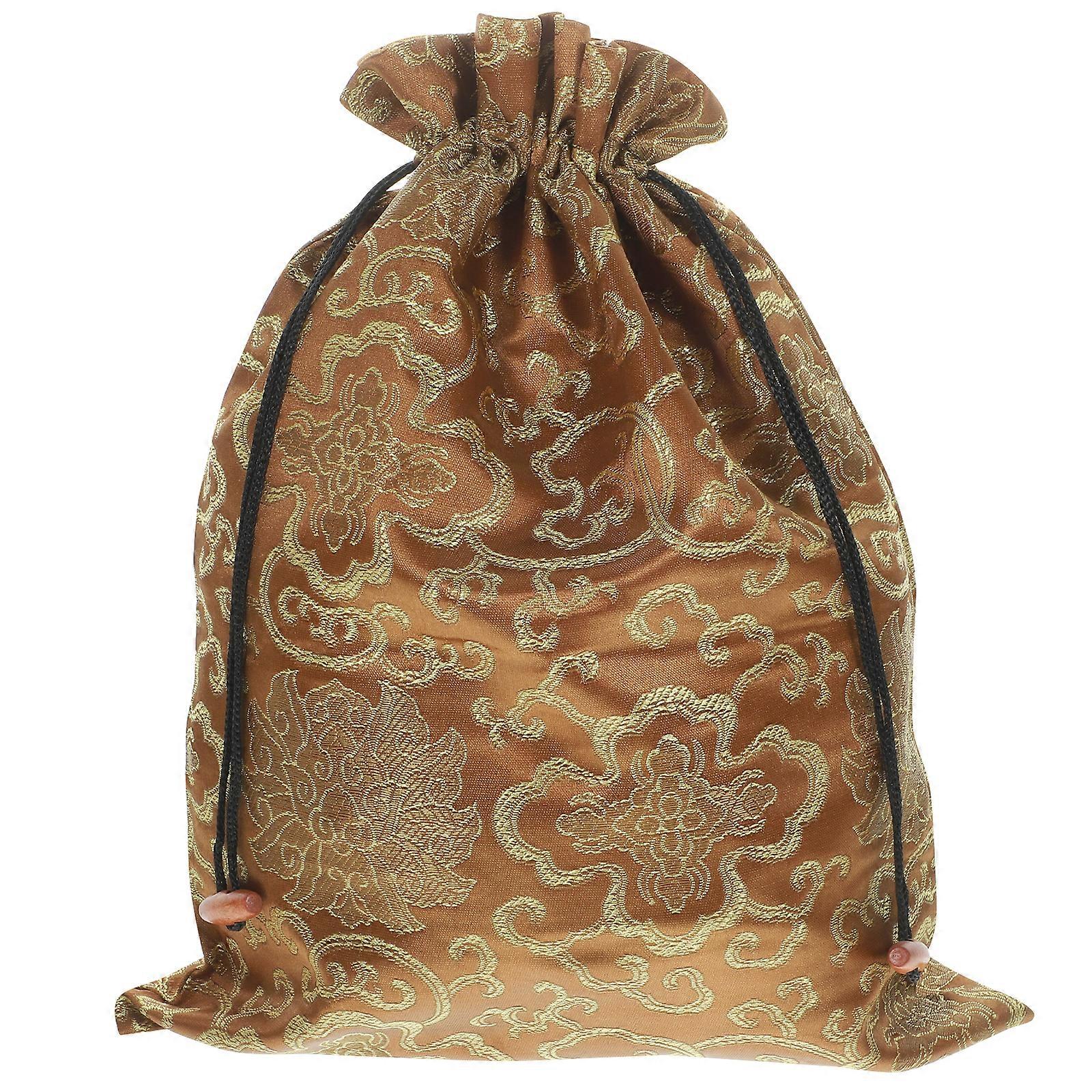 Silk Drawstring Bag Chinese Style Jewelry Pouch Storage Bag for Wedding Party (Khaki, Random Pattern)