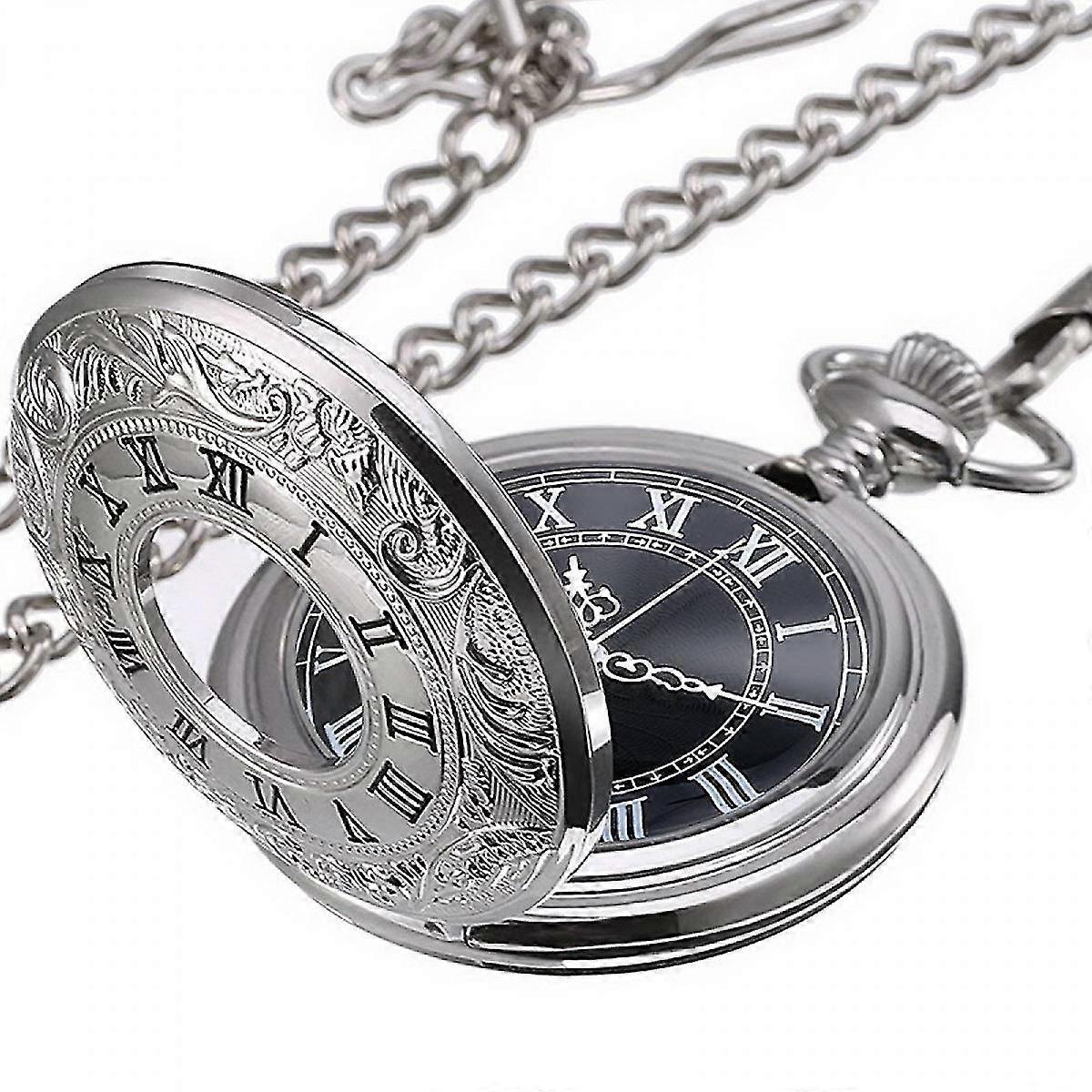 Quartz Pocket Watch For Men With Black Dial And Chainsilver