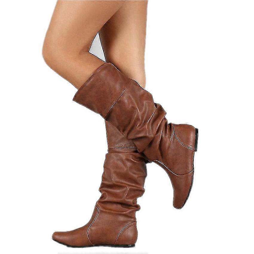 Women Faux Leather Calf High Slouch Boots Wide Leg Flat Shoes