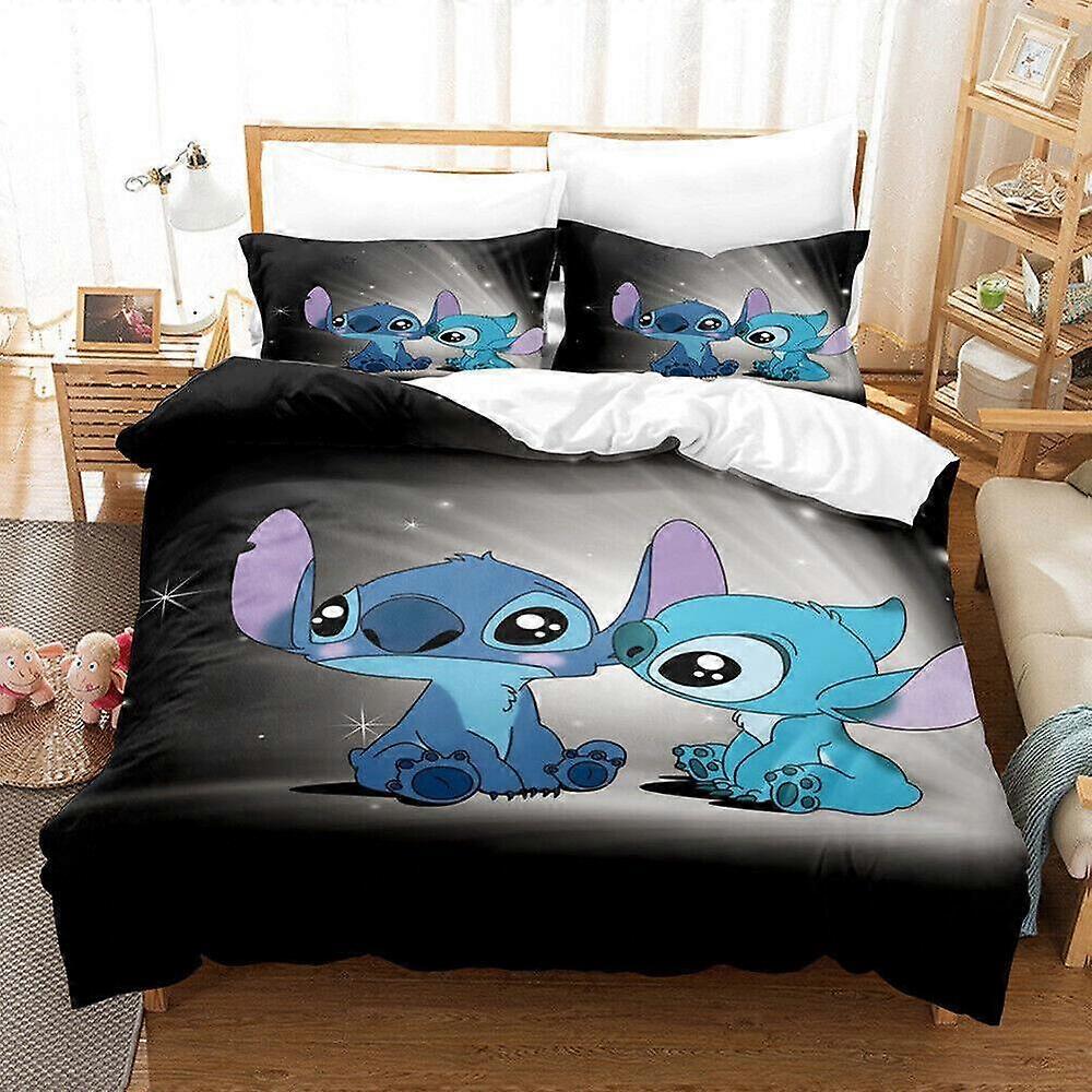 v1759 Bed Sheets Cartoon Animation Stitch Black Quilt Duvet Cover Set Bed Linen Kids Soft3-Piece Bedding Set (1 Duvet Cover + 2 Pillow Shams) Bed Shee