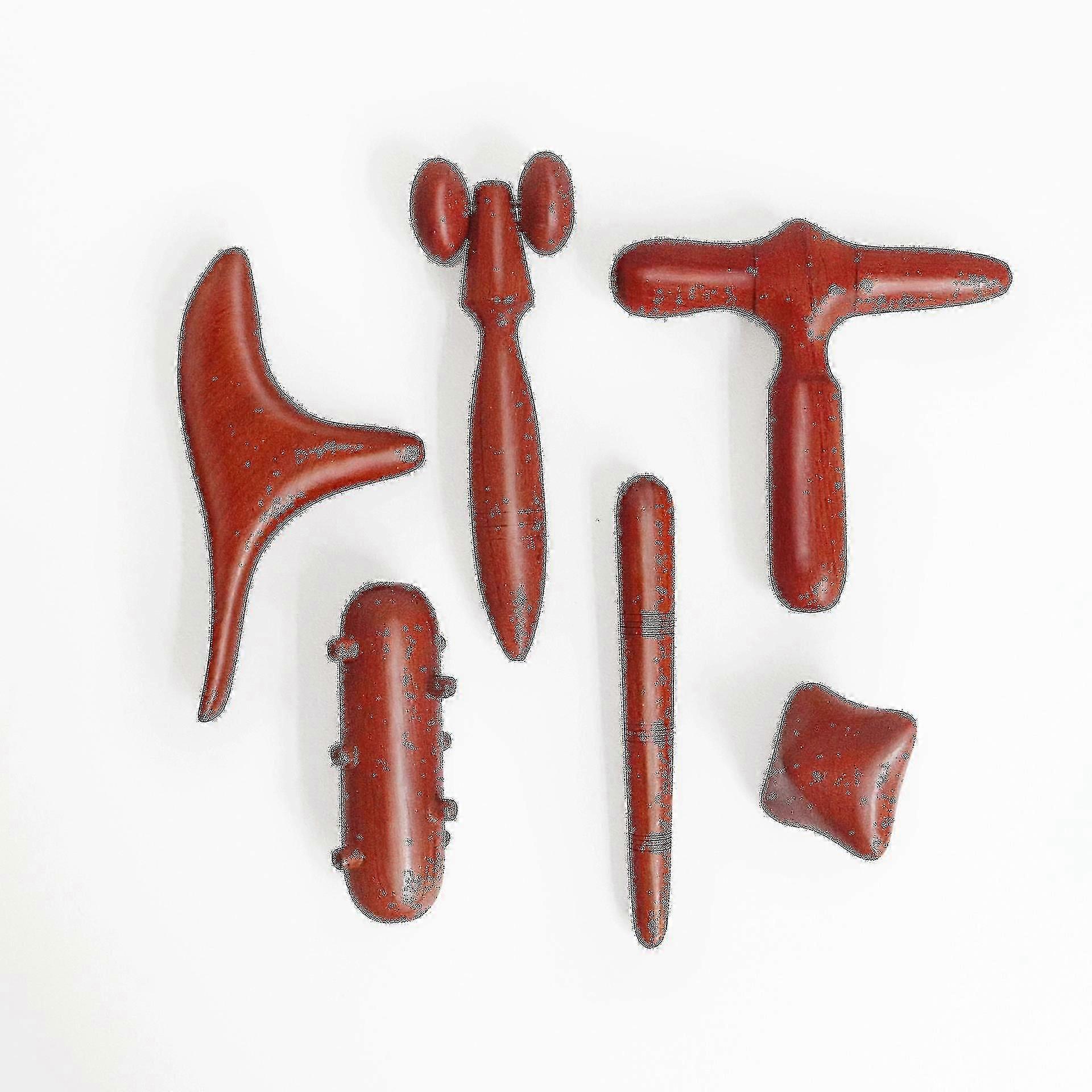 6個セット 伝統的なタイ式マッサージ木製スティックツール ハンドヘッドフットフェイスボディマッサージツール マッサージャー レッドウッド(6個, レッド) Xxf