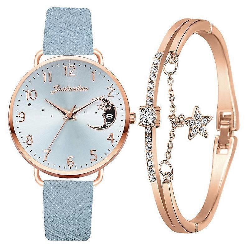 Ladies Moon Pattern Dial PU Strap Quartz Watch, Color: Tianlan+Bracelet