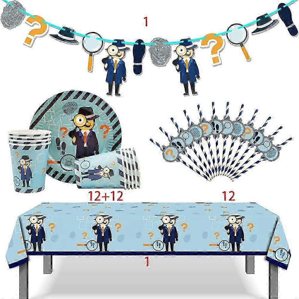 Combo Set 12 Çocuk Dedektif Gizli Ajan Casus Tema Doğum Günü Partisi Malzemeleri Tek Kullanımlık Sofra Dekor Afiş Masa Örtüsü Kek Deco