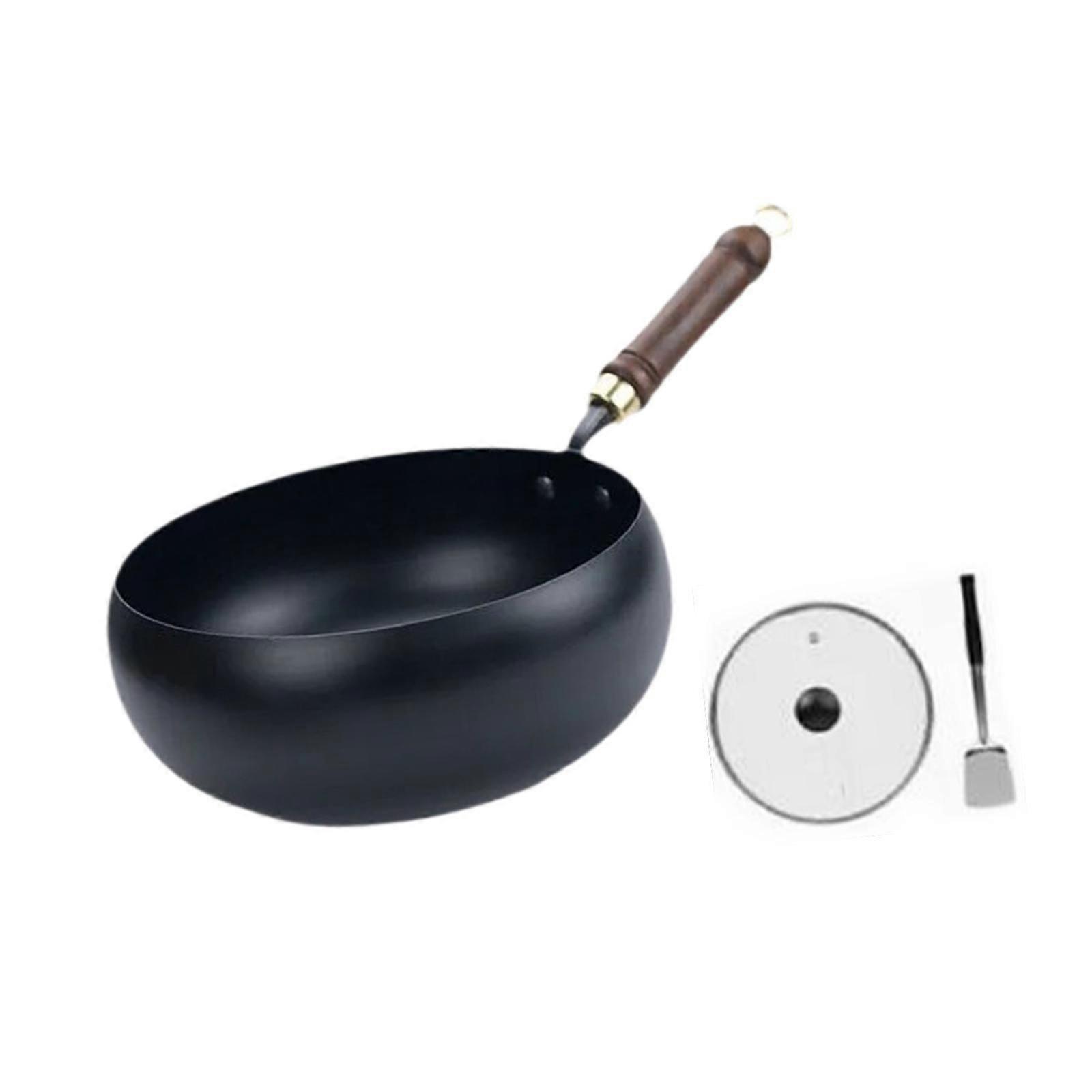 Iron Wok Universal Sautee with Wood Handle Round Bottom Pot for Home Kitchen without cover