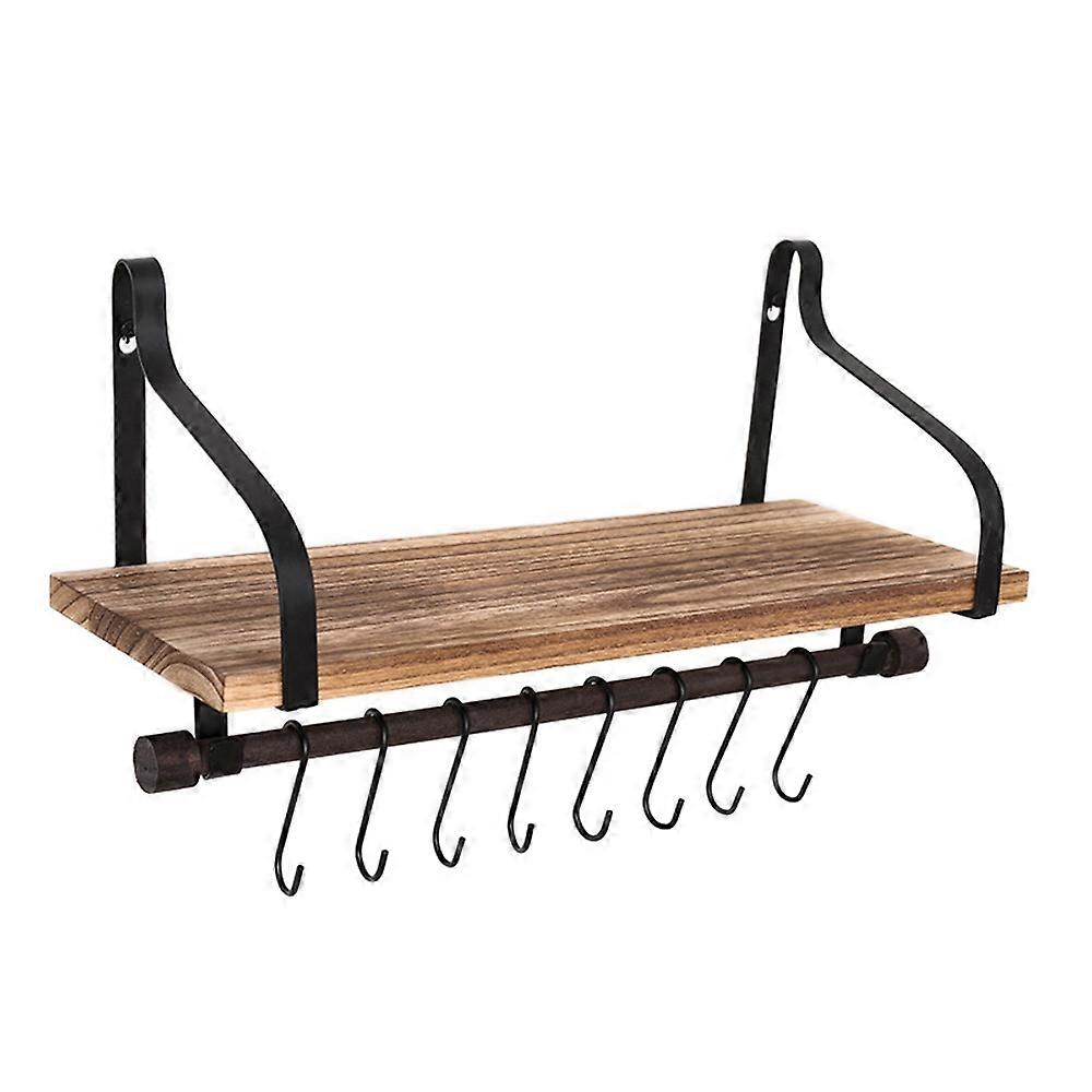 Simple Floating Wooden Rack Carbonized Wood Board Iron Art Wall Mount Storage Shelf with S Hooks