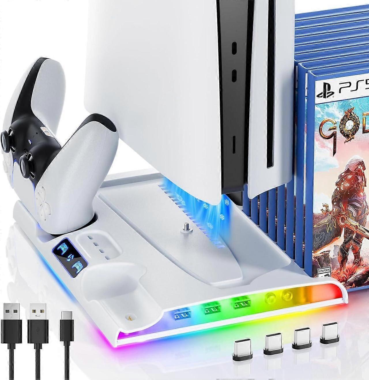 PS5 Slim Stand Cooling Station with Controller Charging Station for Playsation 5 Slim, PS5 Slim Accessories Kits with Cooling Fan,RGB LED,and Game Slo